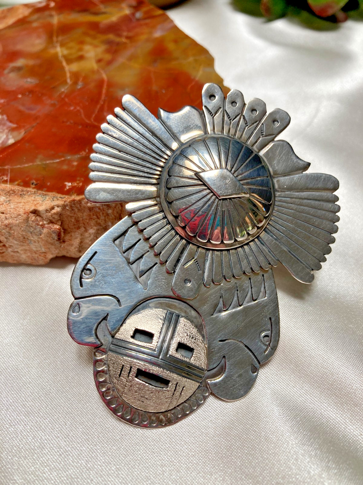 Extremely Rare Eagles Sunface Silver Pendant Renowned Navajo Artist Eddy Chaco