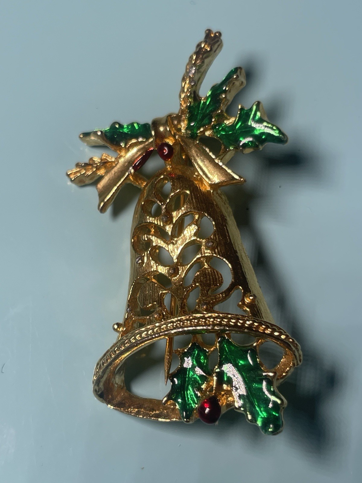 Vintage Christmas Bell Brooch Gold Tone Green Enamel Holly Red Rhinestone