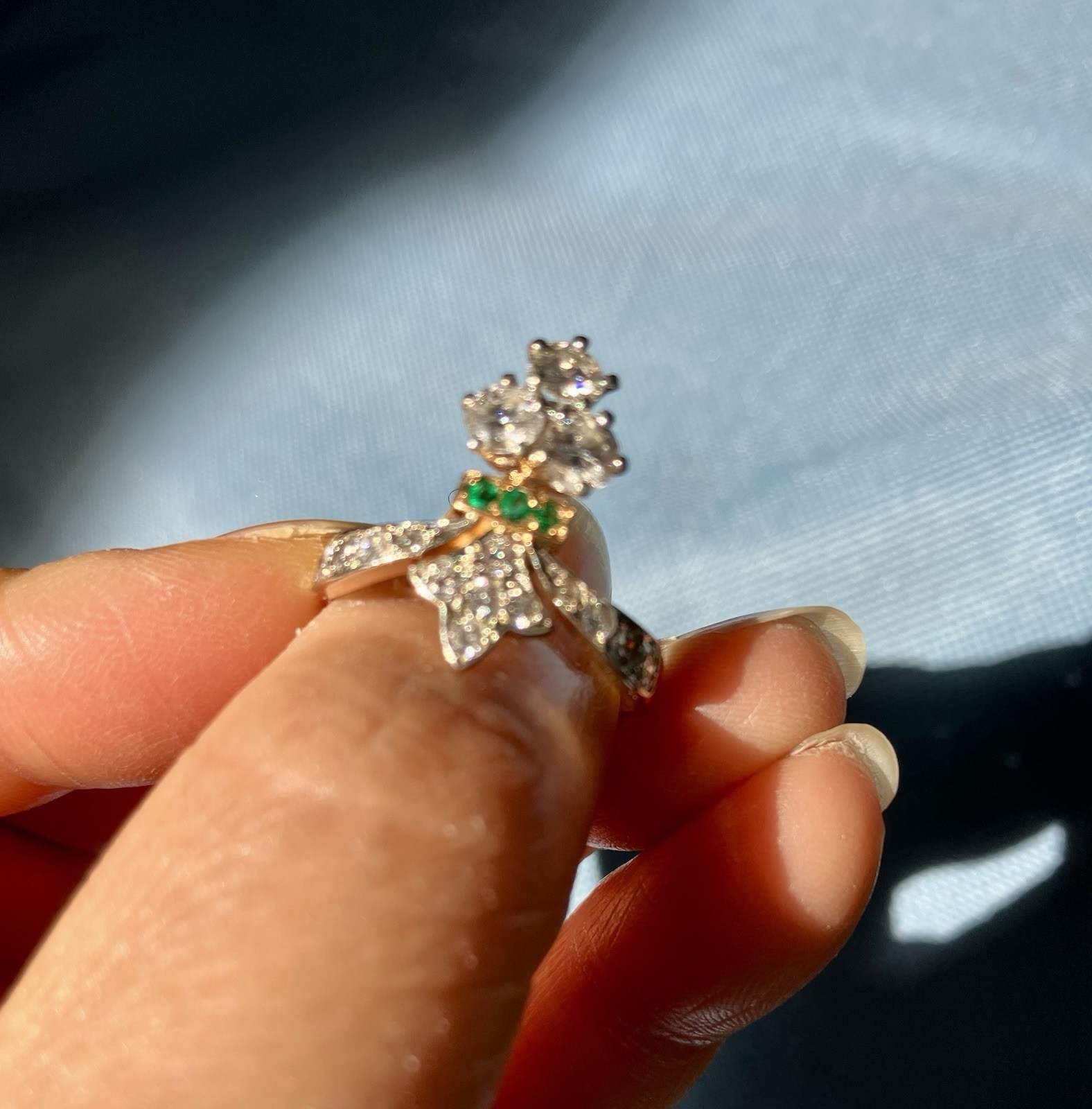 Art Deco French Duchess 18K Diamond And Emerald Ring