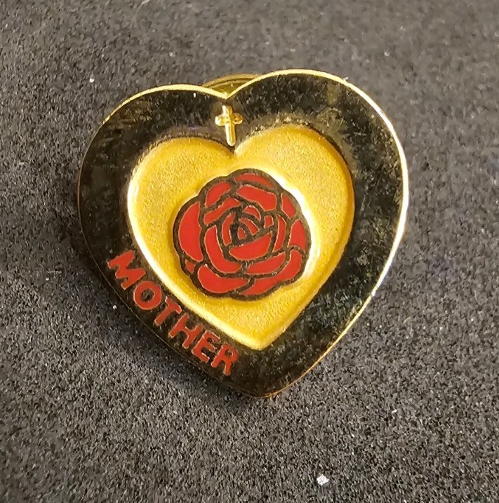 Mother Rose Heart Pin Gold Tone Colored Red Flower Valley Casting Mother’s Day