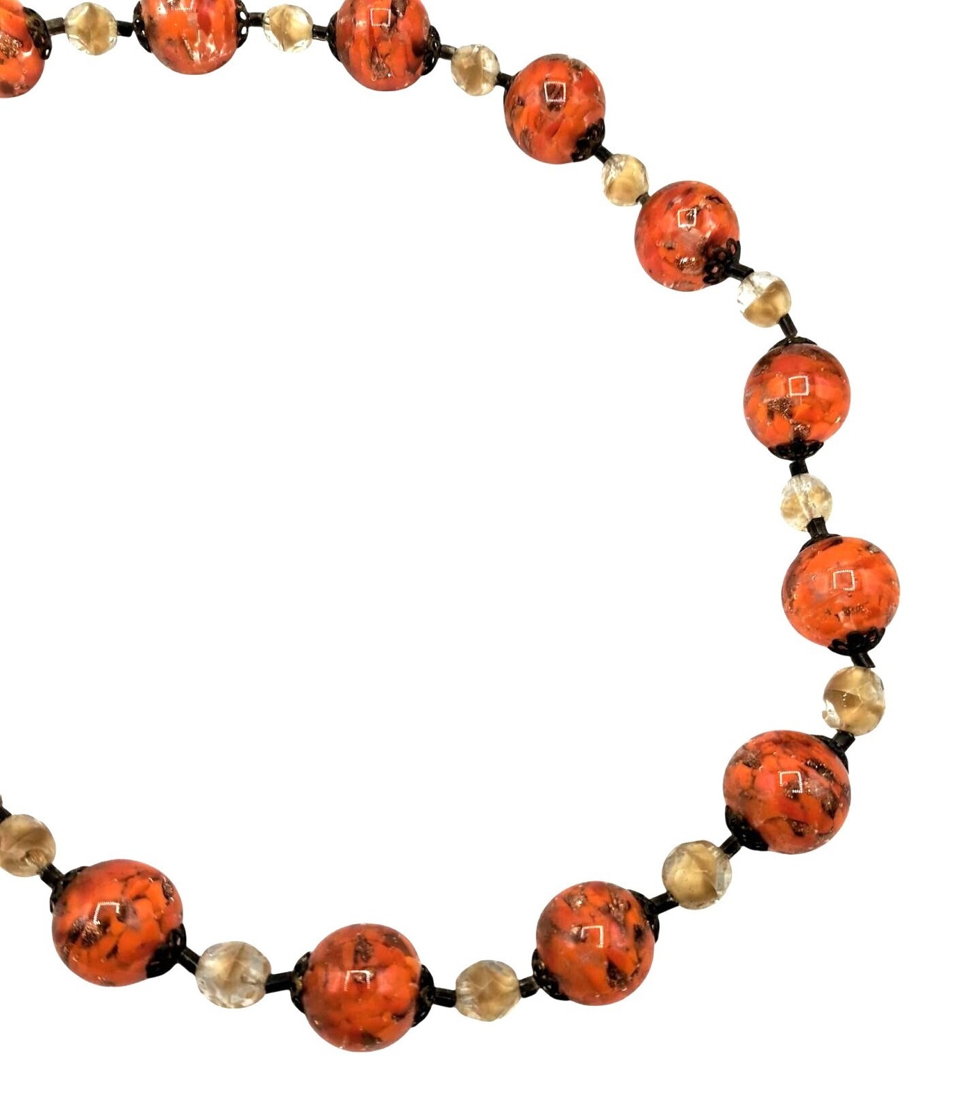 Vintage Murano Glass Necklace Orange Gold Givre Clear Cream Beaded Single Strand