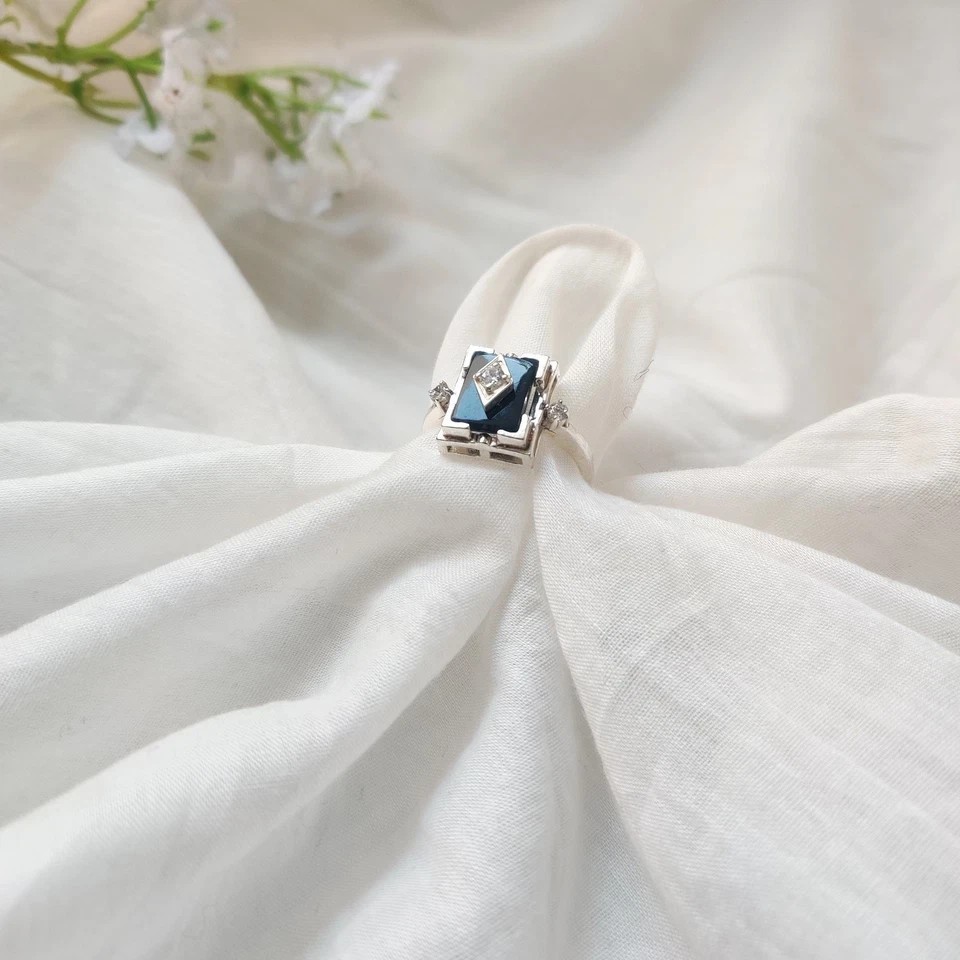 Art Deco Style Lab-Created Diamond & Black Onyx 14K Wedding White Gold FN Ring