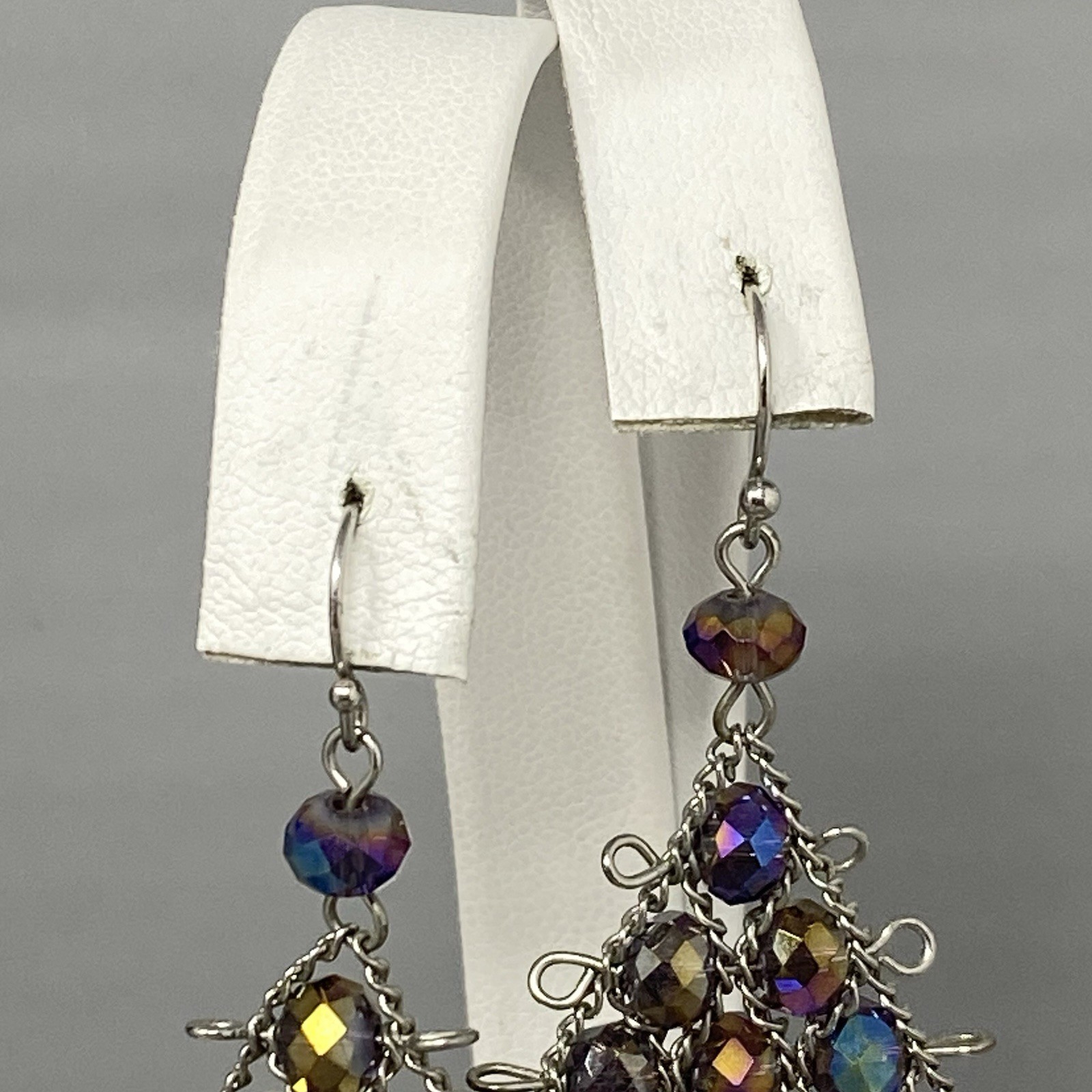 Purple Chandelier Dangle Earrings Pierced Peacock Surface Coated Wire Woven 3″