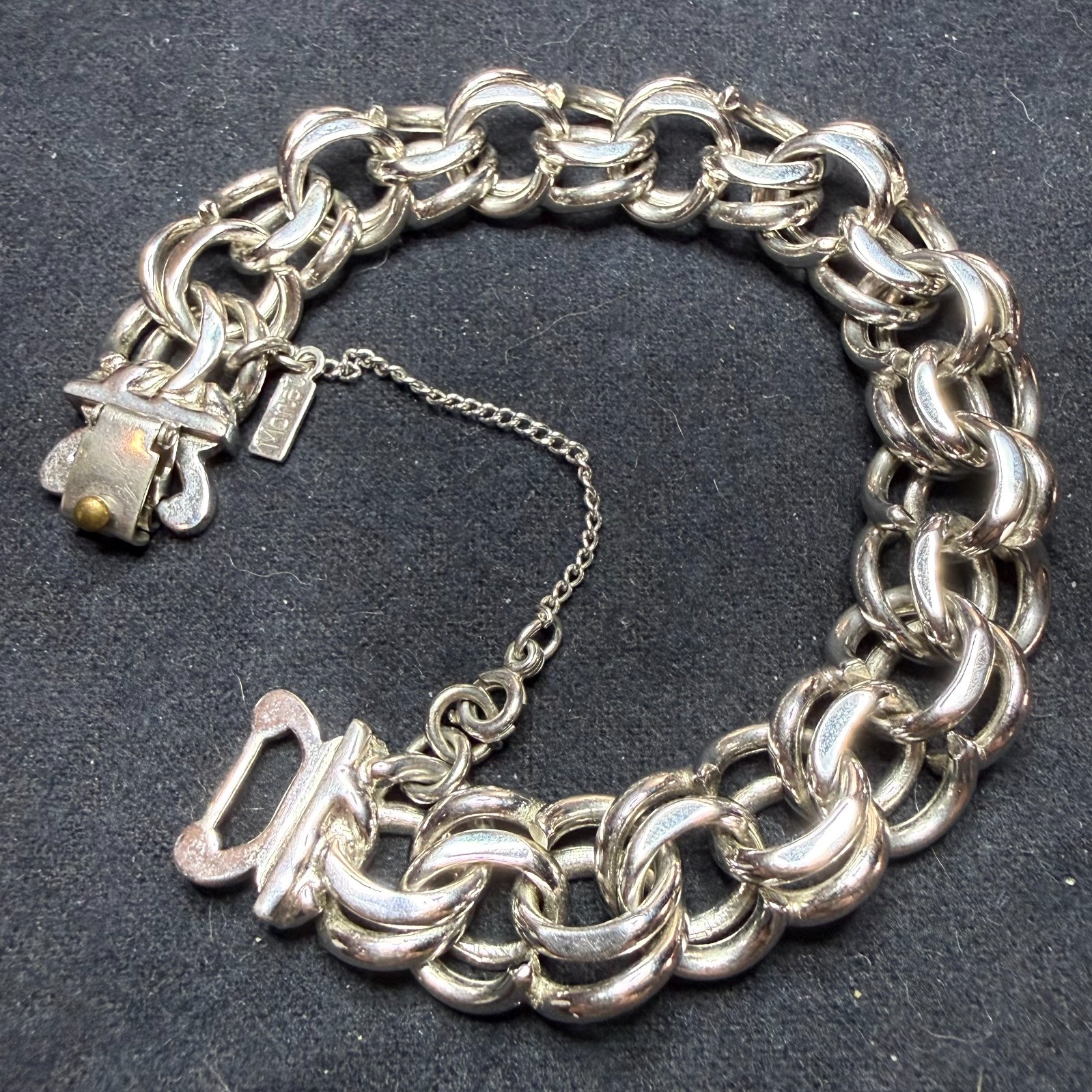 Monet Vintage Silver Tone Chunky Double Link Bracelet 7″ Heavy 49g Safety Chain