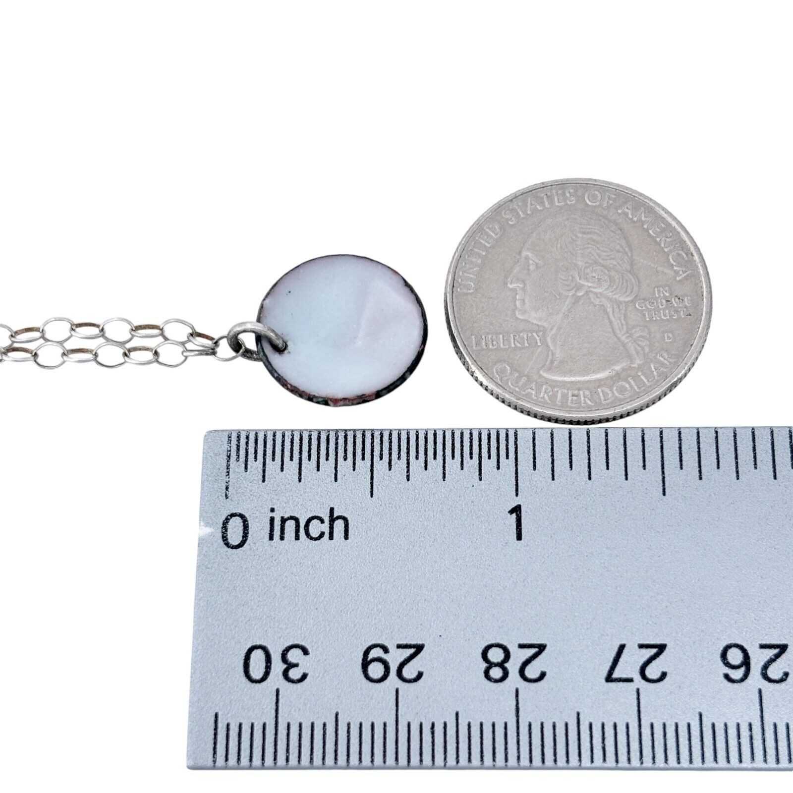 Vintage Silver-Tone Chain Necklace with White Enamel Disk Pendant 16.75″