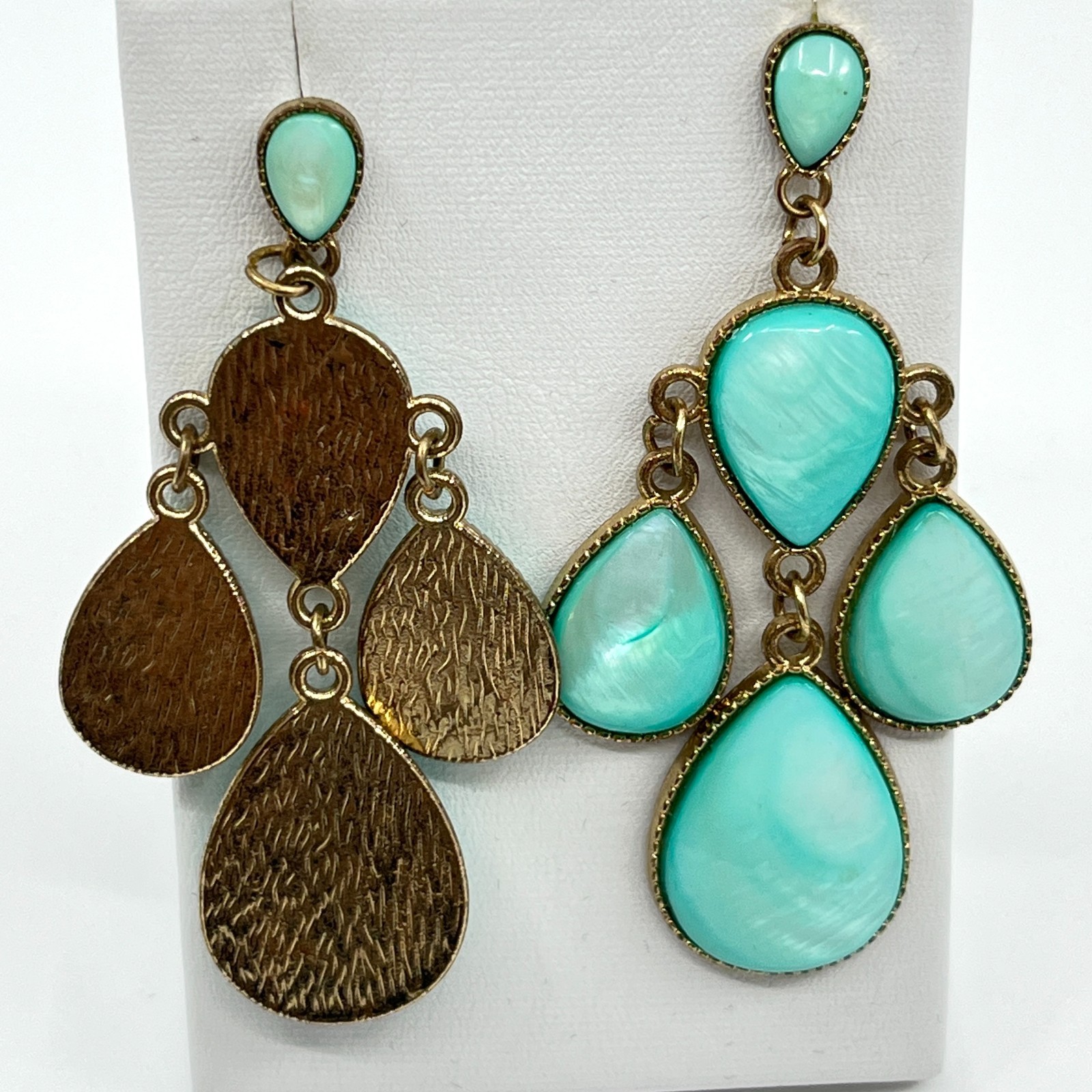 Vintage Boho Gold Tone Teal Faux MoP Teardrop Chandelier Blue Dangle Earrings