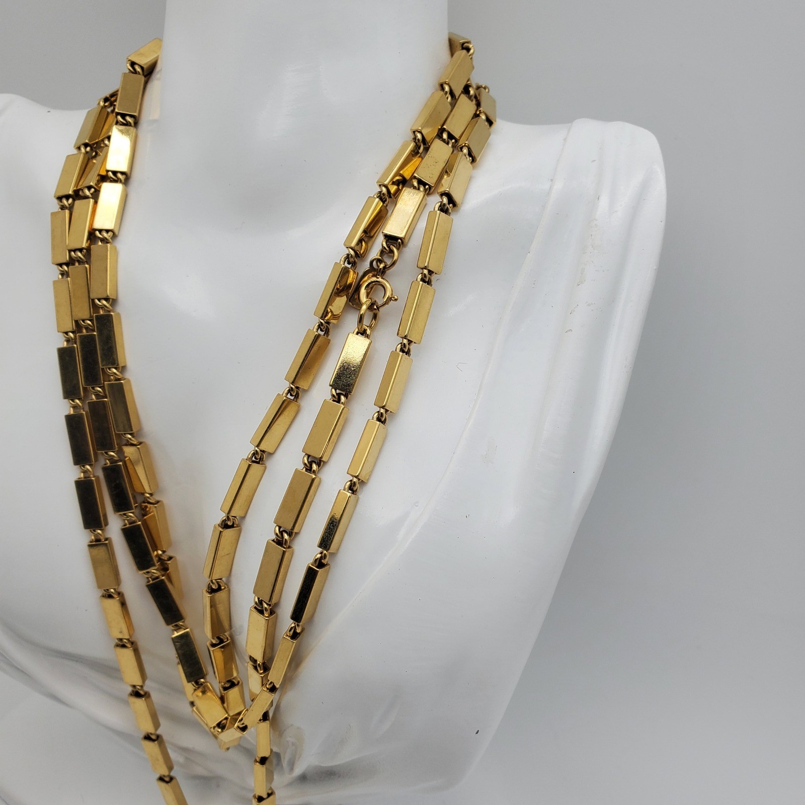 Monet Necklace Gold Tone Rectangular Box Chain Bar Link Extra Long 54″ Opera Vtg