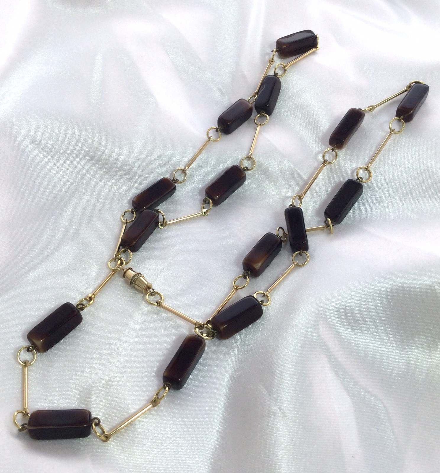 Vintage Jewellery Brown glass lozenge bead gold bar necklace Jewelry Art Deco BC