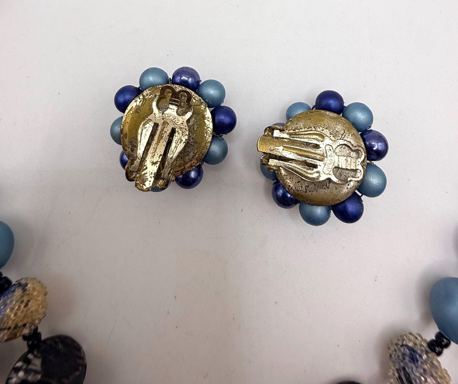 Vintage blue and gold two strand necklace and clip on earring set