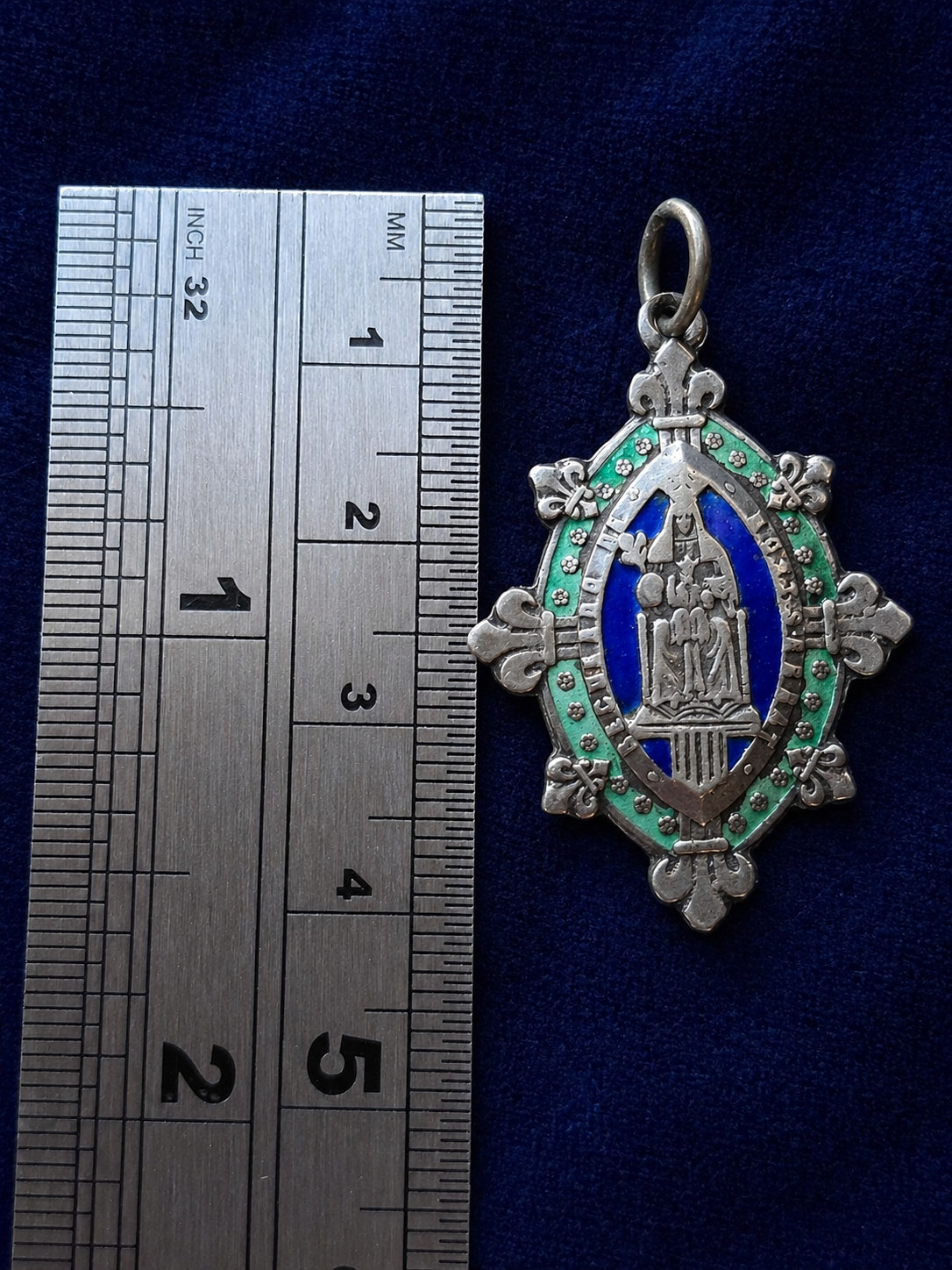 Antique Virgin Mary Silver Enamel Medal Pendant Art Nouveau Gothic 19th Religion