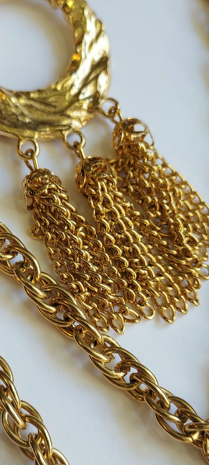 Vintage Multi Strand Festoon Tassel Necklace Circle Pendant Gold Tone Statement