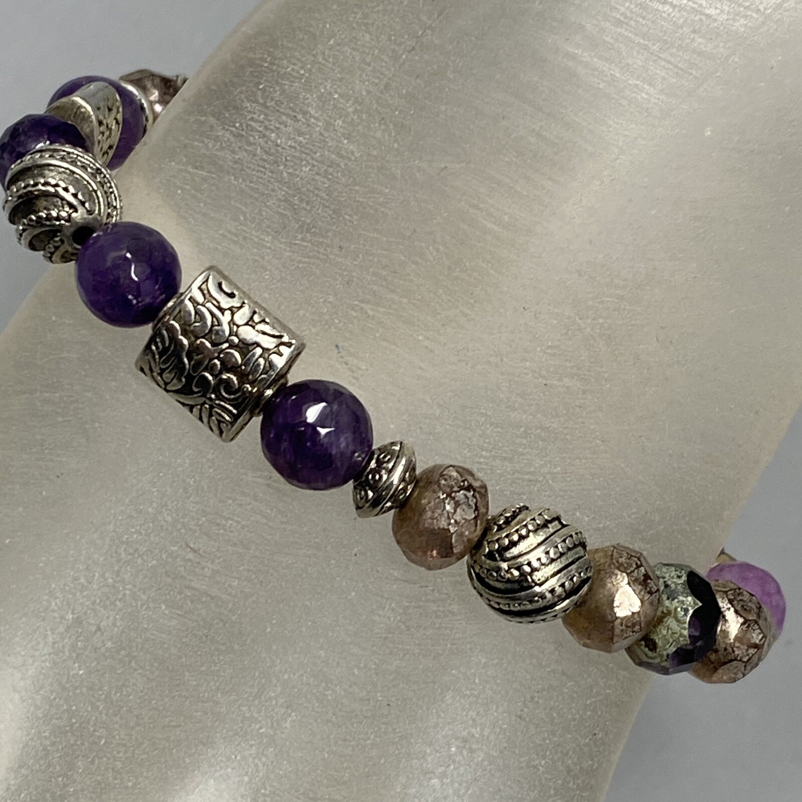 Amethyst Bracelet Purple Faceted Beads Picasso Czech Silver Tone Spacers Stretch