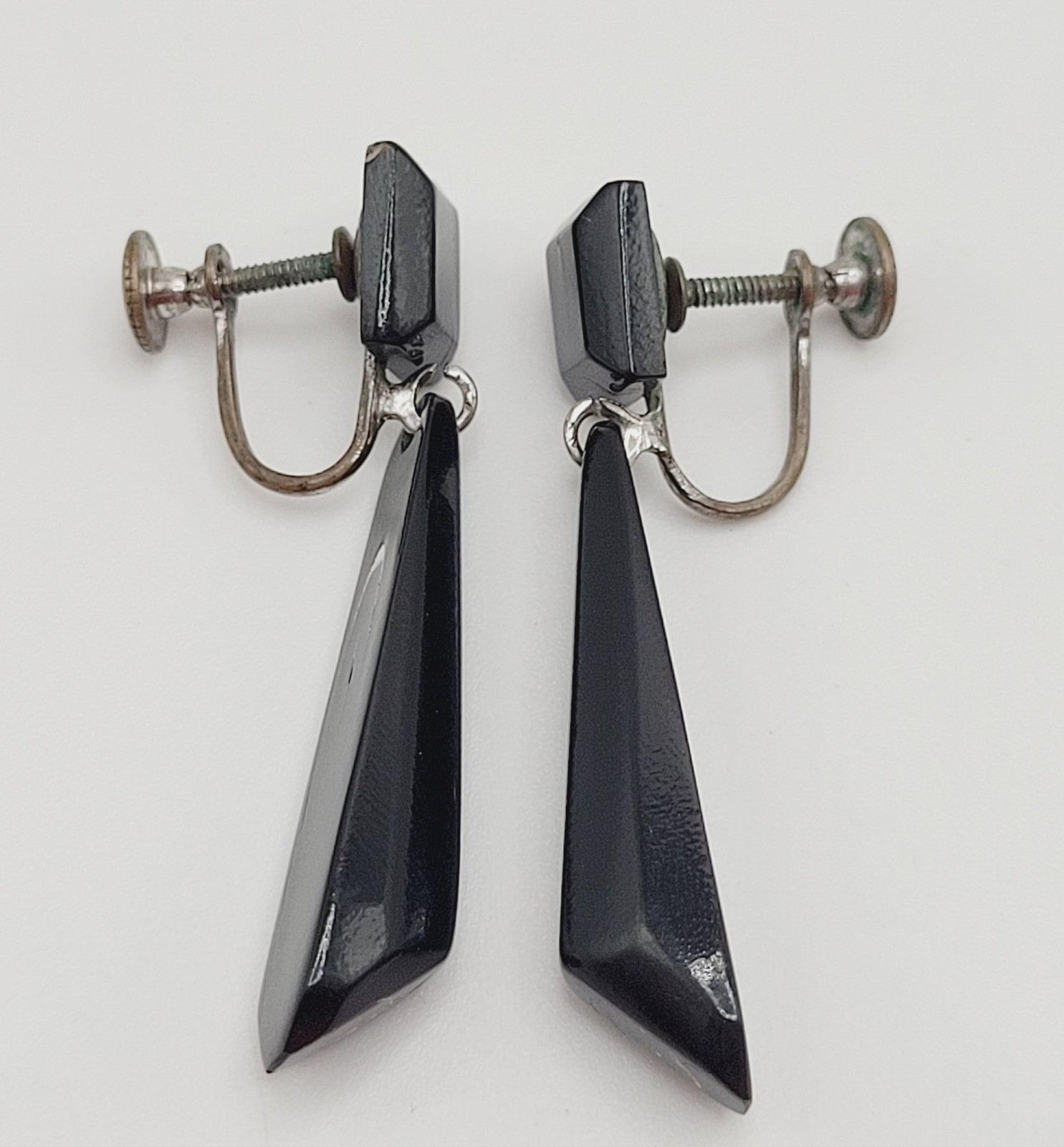 Hawaiian Natural Black Coral Vintage Screw Back Art Deco Style Dangle Earrings