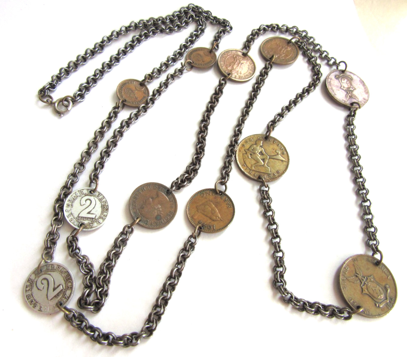 Vintage Travel 1950s Coins stations 54″ long chain necklace with 11 coins