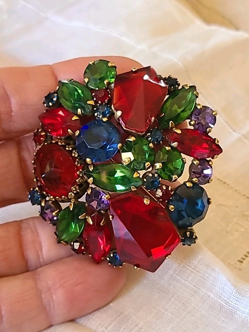 Vintage WEISS Green Red Multi Rhinestones Gold Tone Brooch Signed Estate Costume