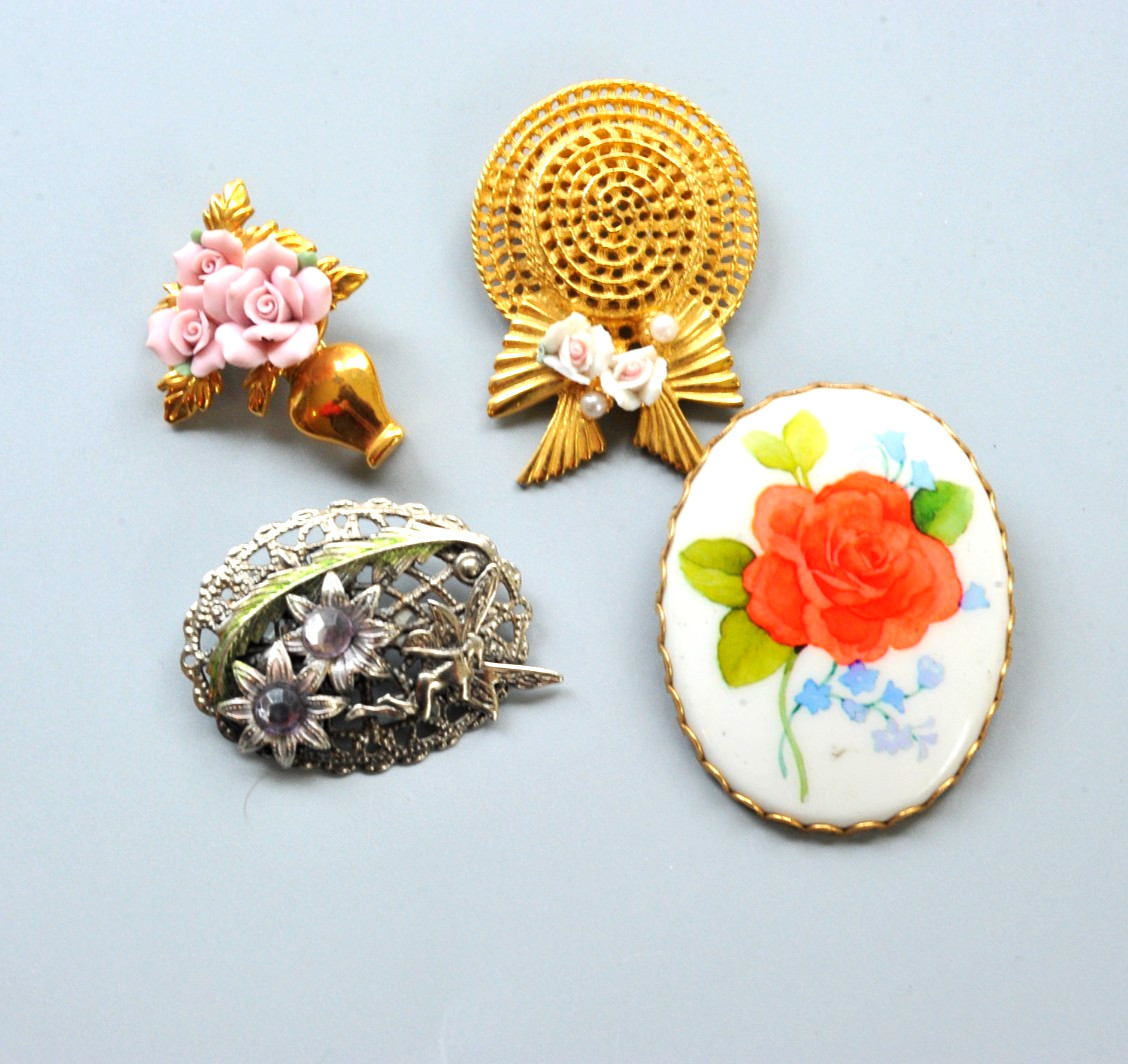 Vtg modern Brooch Lot cameo style flower gardening hat fairy 2 signed MA13