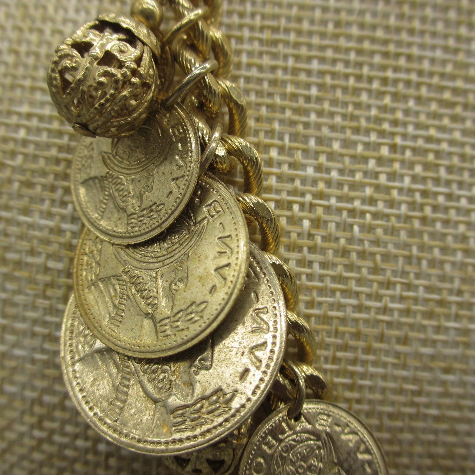 Vintage Faux Coin Necklace Charm Dangle Roman Soldier Gold Tone 18 Inch