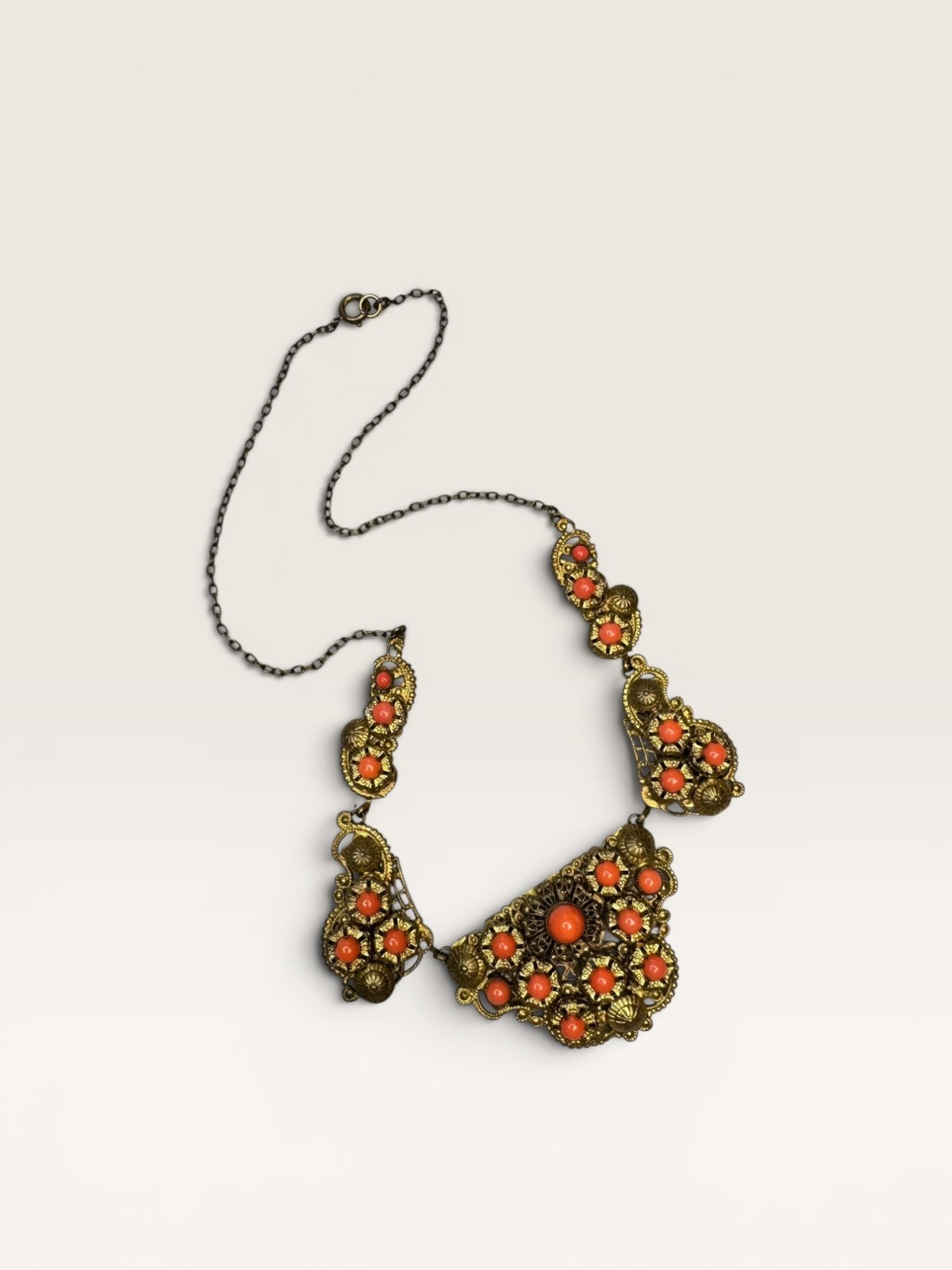 Brass Filigree Bib Festoon Necklace Coral Orange Glass Beads Art Deco