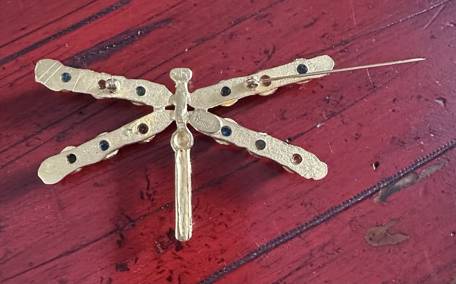 Deanna Hamro Gold Brooch Dragonfly 1980’s Poured Glass Gripoix Cabochon Pin