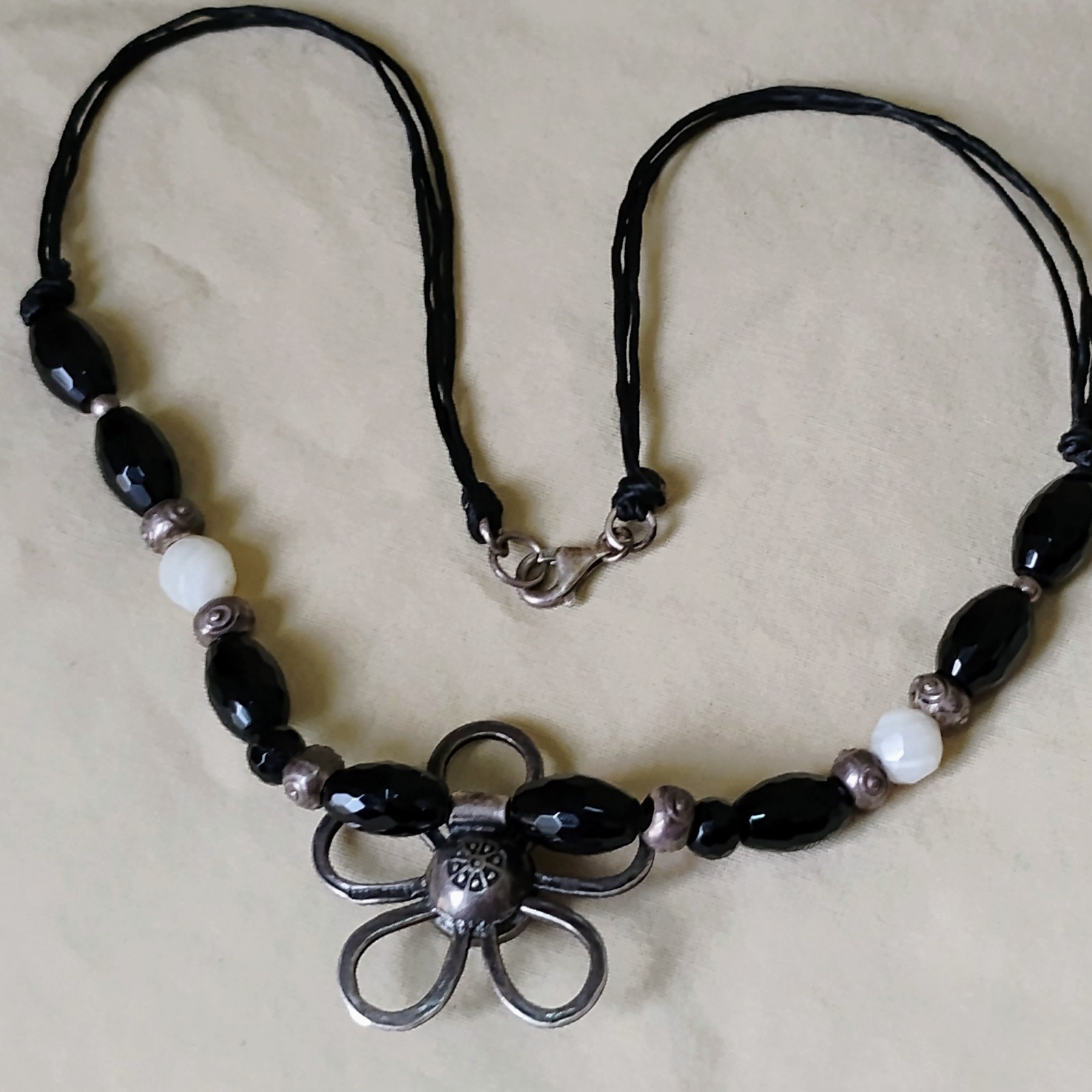 Vtg Flower Necklace 925 Onyx Glass Hemp Cord Tested With Pictures