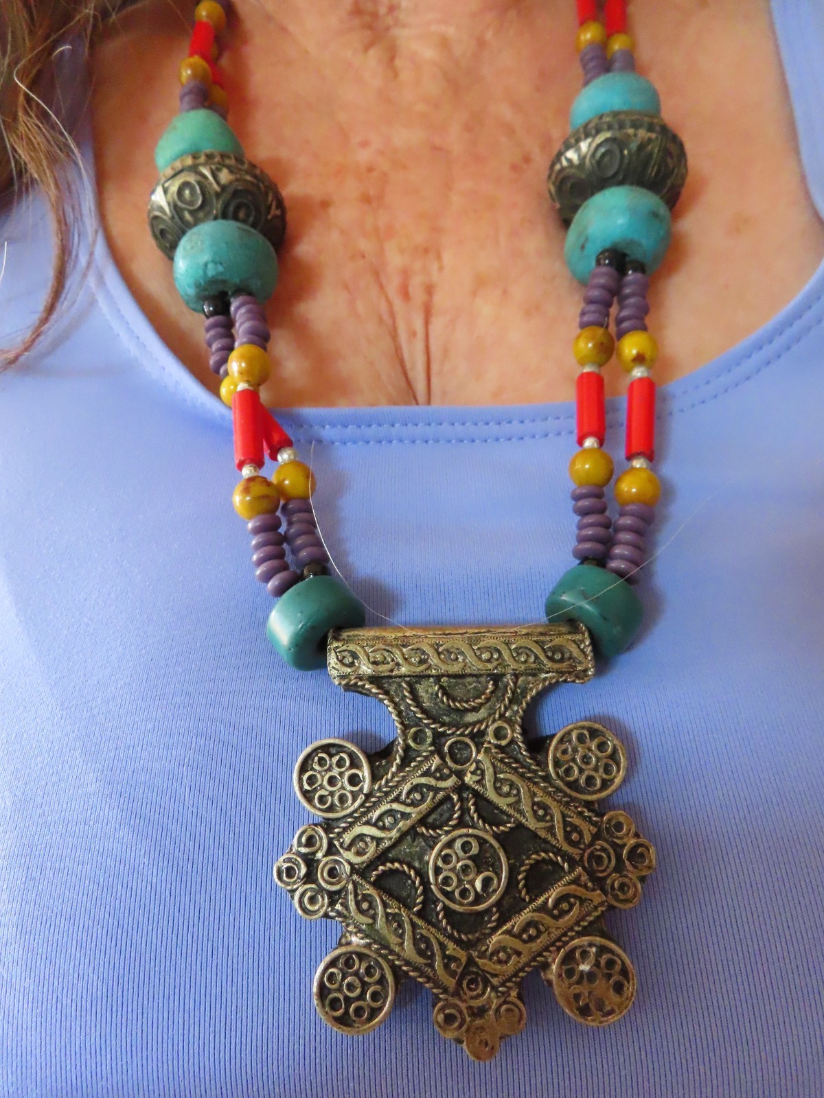Vintage 1980’s Berber Cross Multi Bead Necklace WAY Interesting