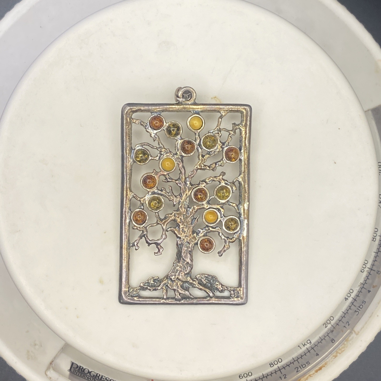 Large 2.5” 925 Sterling Silver Genuine Baltic Amber Tree of Life Pendant Vintage