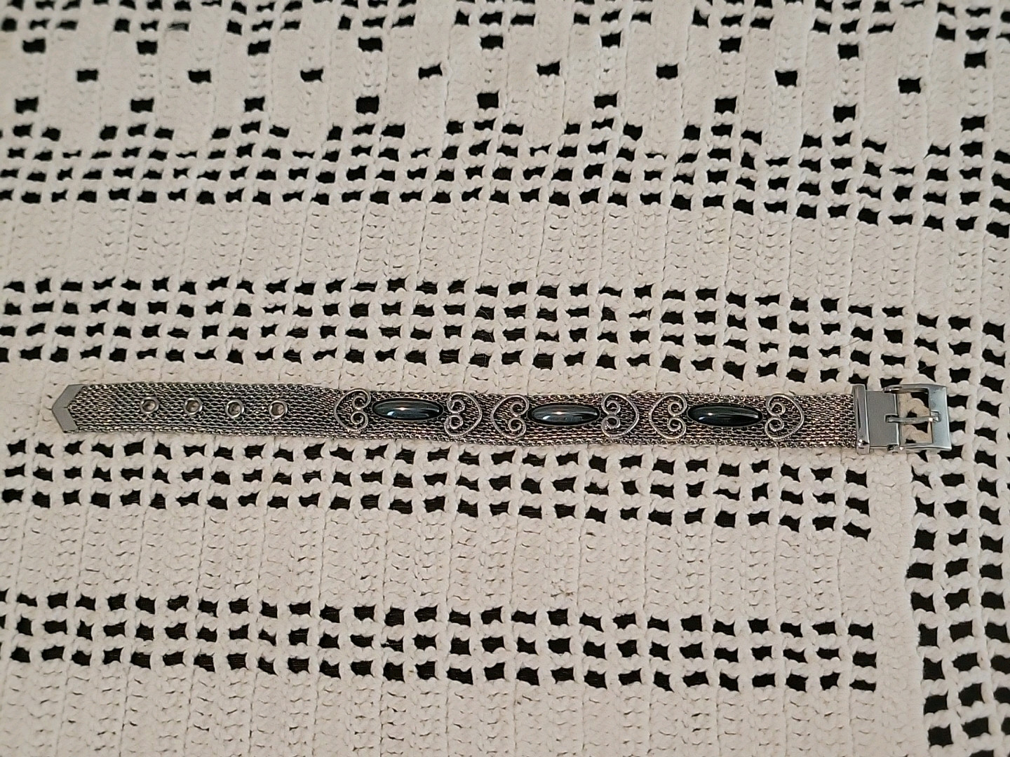 Vtg Silver Tone Mesh Chain Belt Bracelet Dark Gray Accent Adjustable 1960s