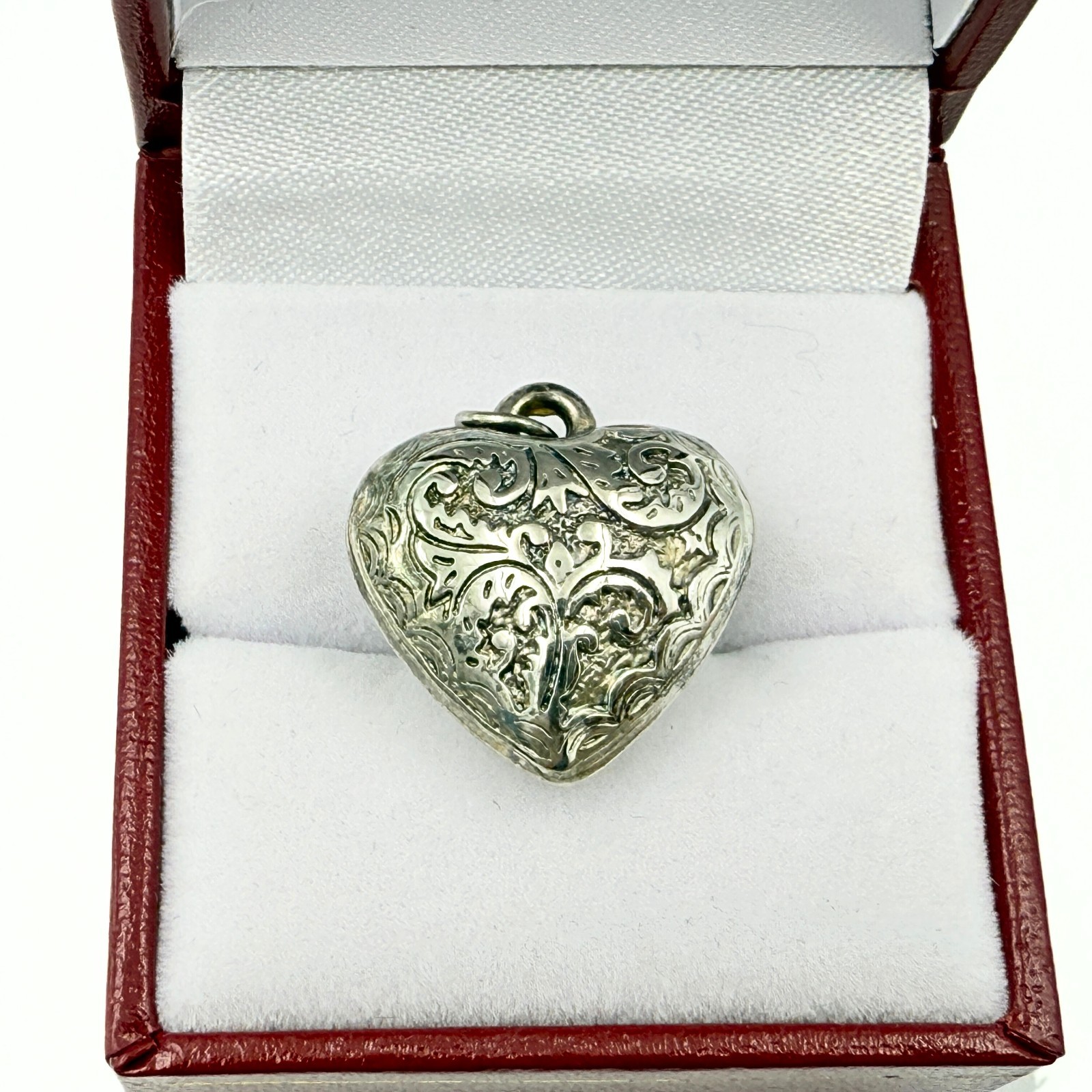 Vintage Sterling Silver Repousse Scrollwork Floral Puff Heart Pendant