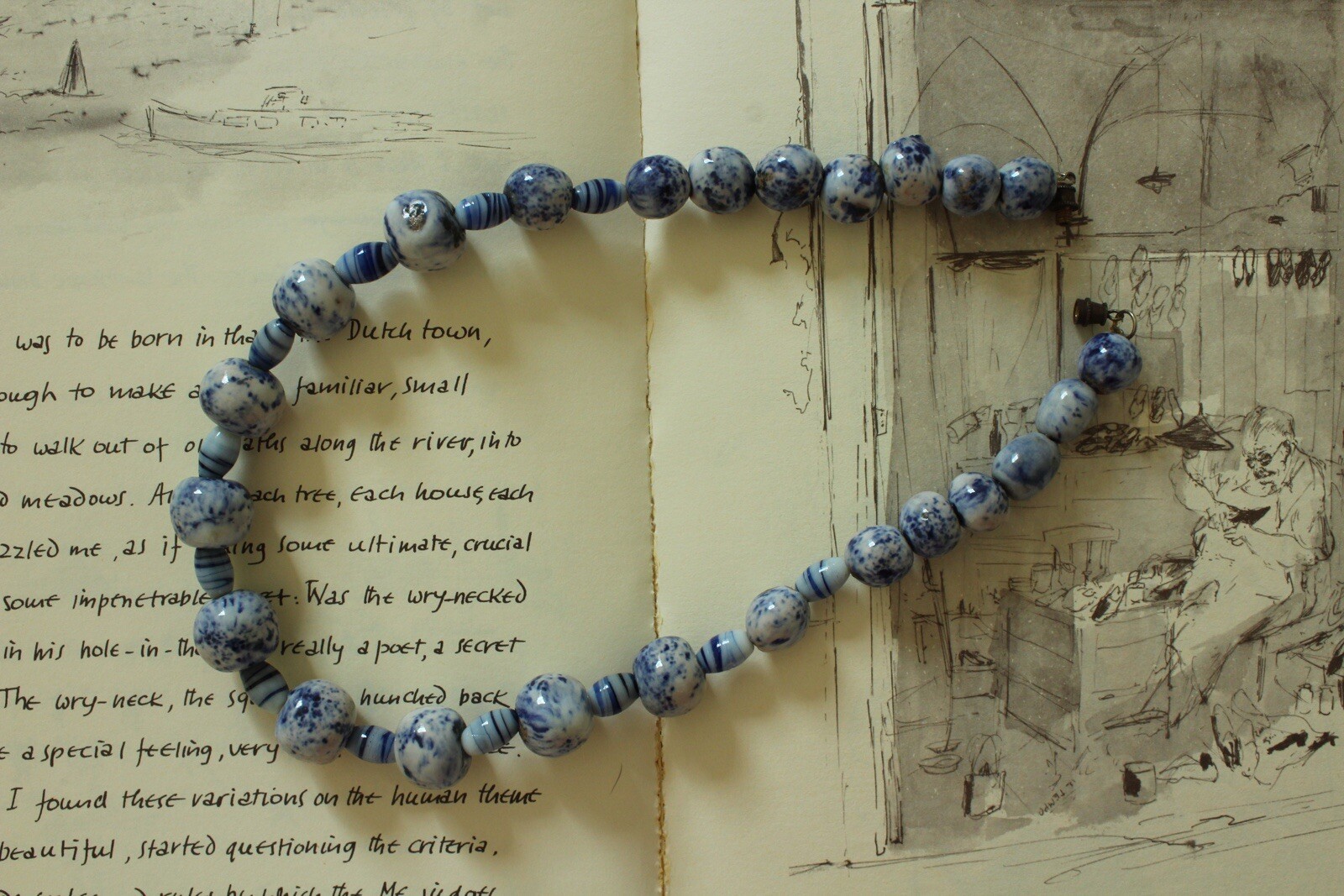 Vintage Blue Ceramic Beads With Murano Blue Spacer Necklace, 17.5” Long 45CM