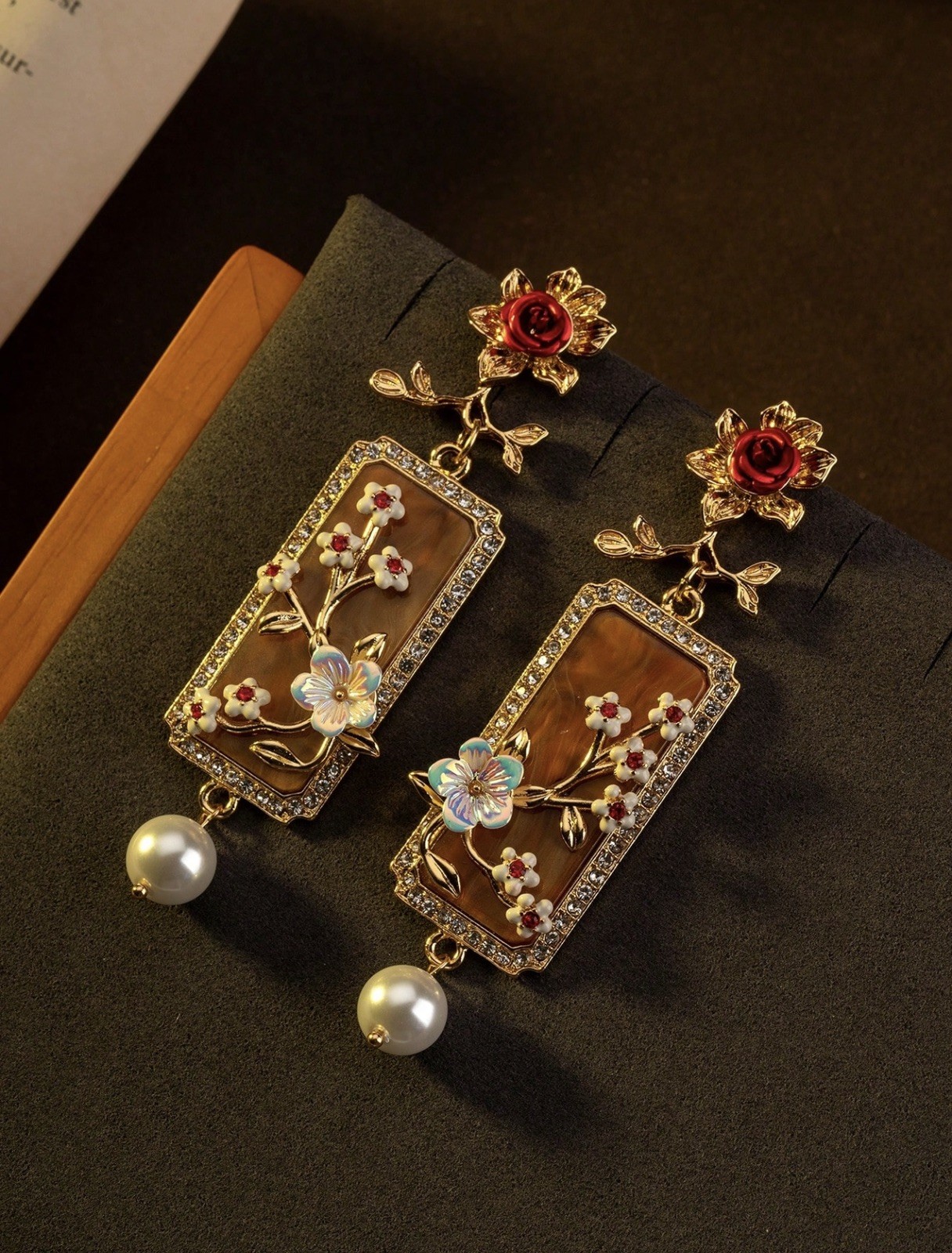 Vintage Floral Drop Earrings Red Rose Pearl Dangle Elegant Art Deco