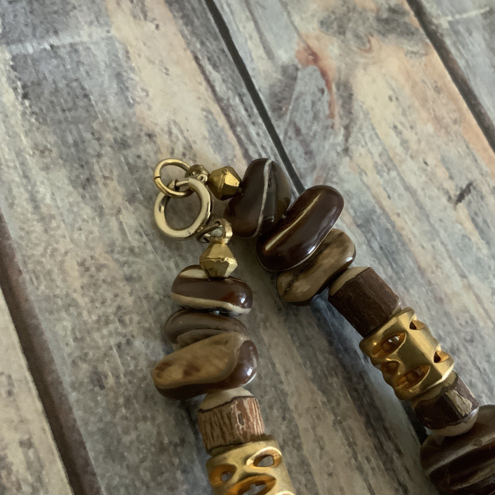 Vintage wood and brown shell nugget bead necklace in gold tone metal