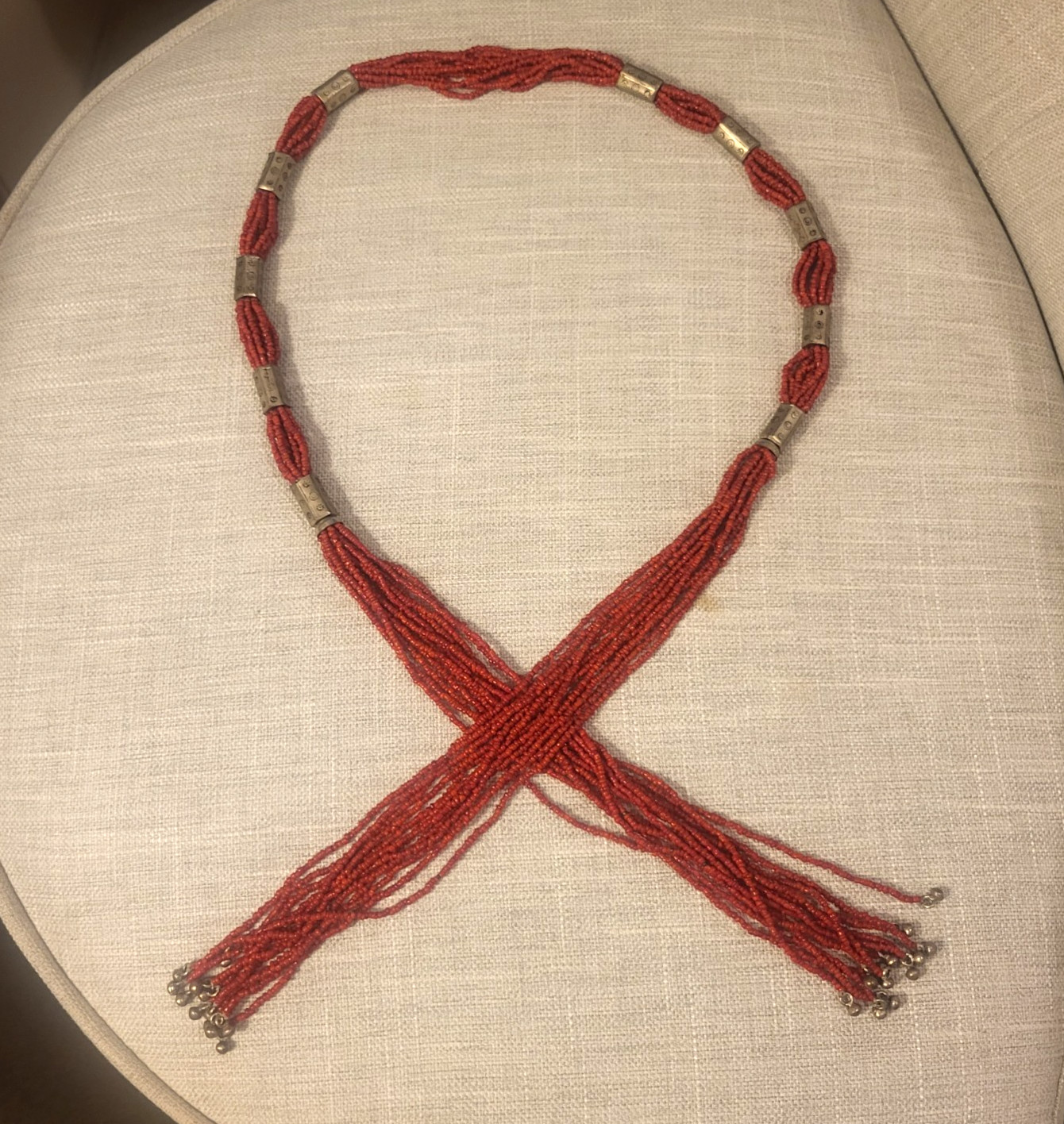 Vintage Ethnic Multi Strand Red Glass Seed Bead Open Wrap Double Tassel Necklace