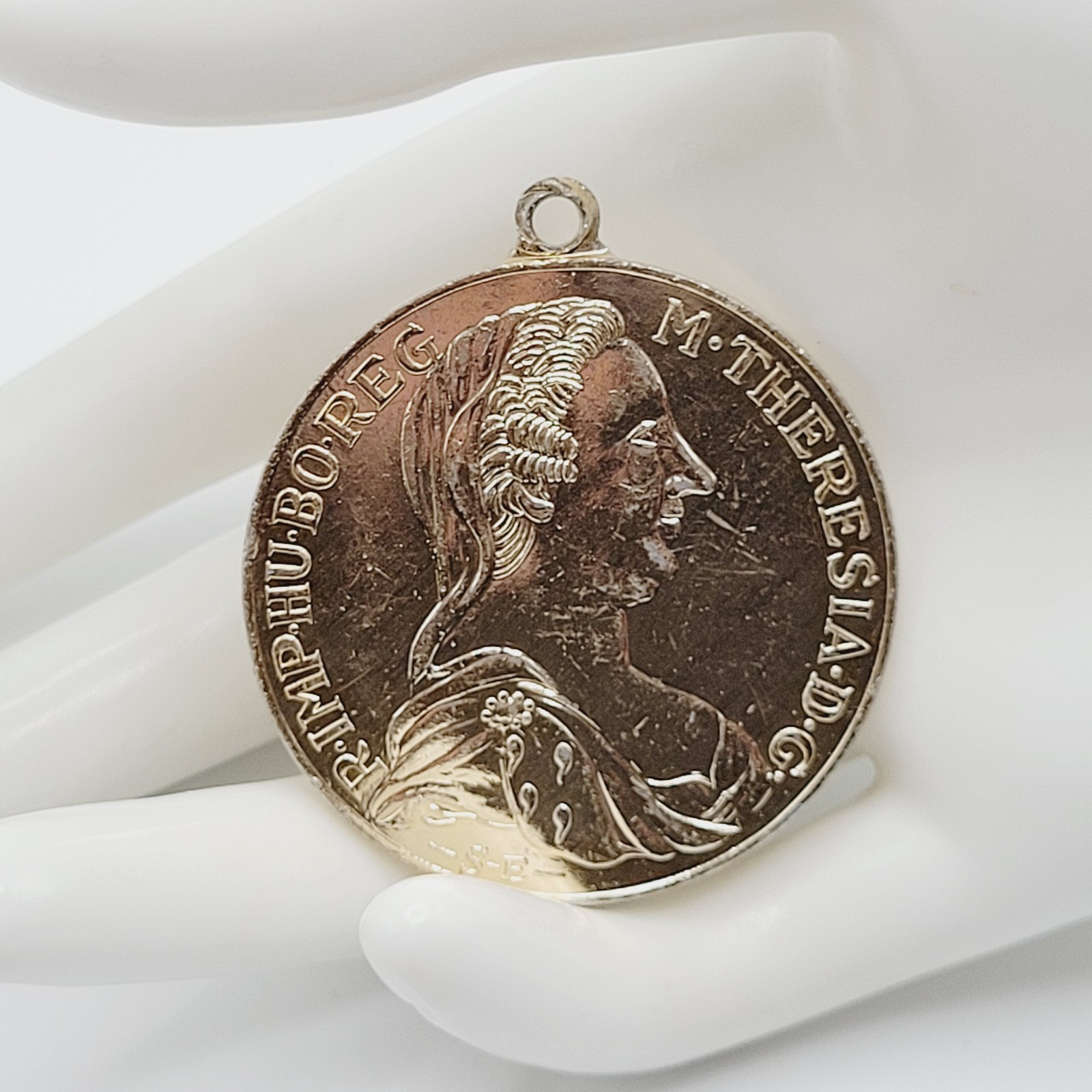 Maria Theresa Replica Token Medallion Coin Pendant Gold Tone Attached Bail