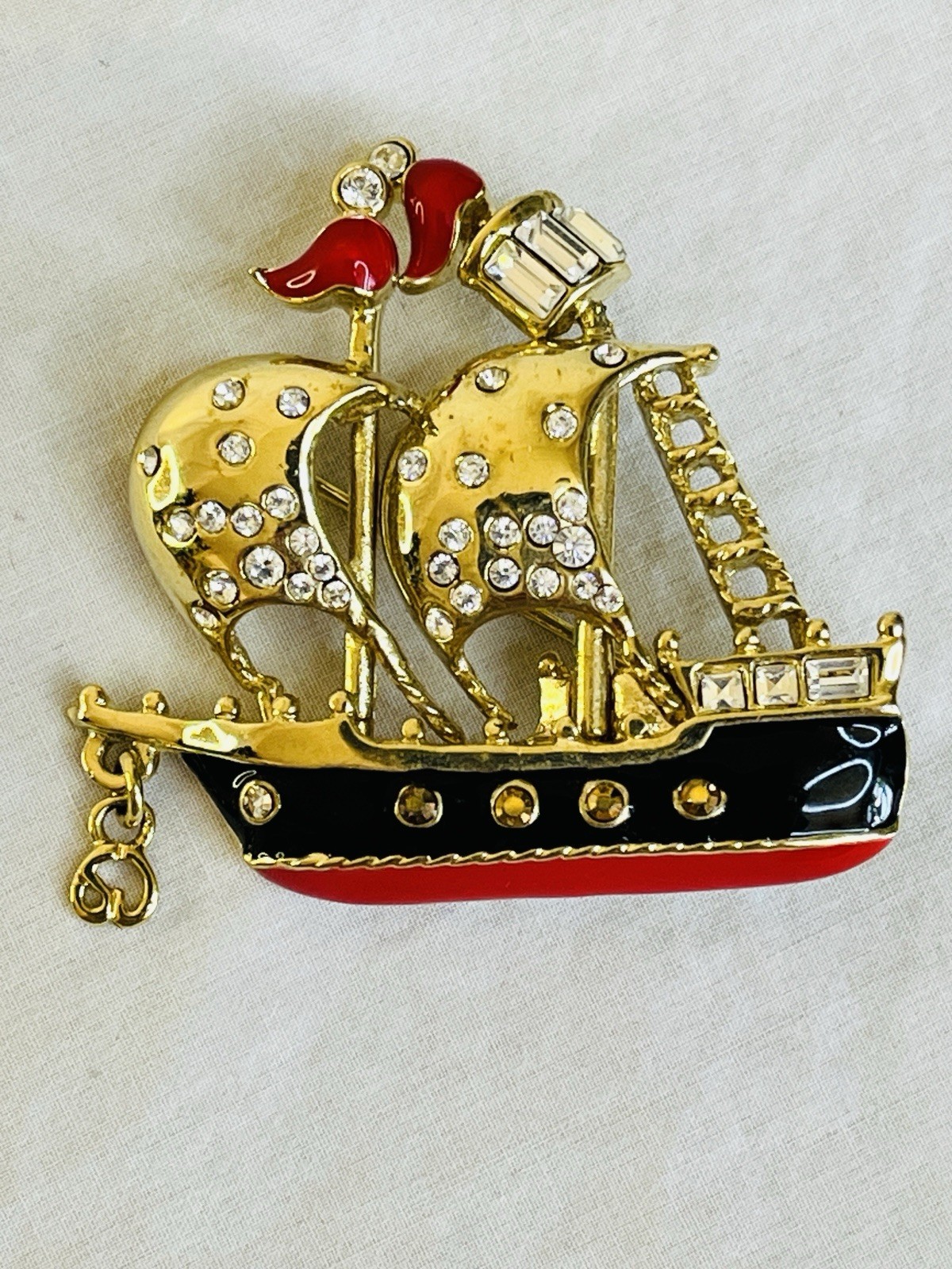 Vintage Clipper Ship Brooch by St John Enamel and Rhinestones Nautical Style