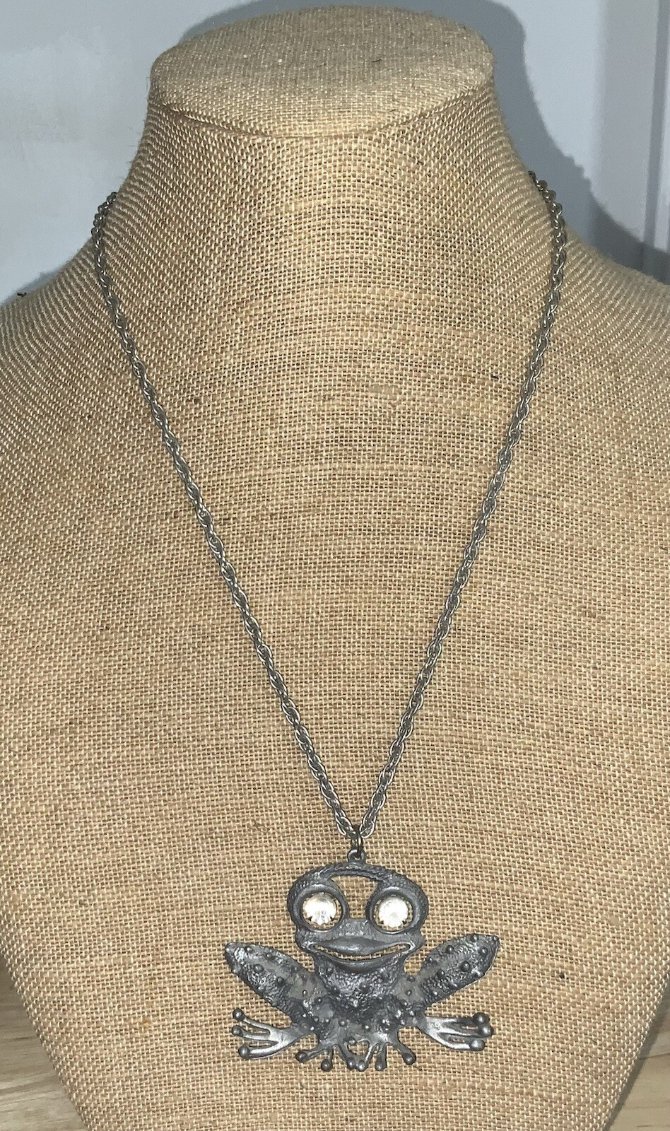 Vintage, Gray Metal Frog Pendant W/ White Rhinestones Articulate Eyes, Necklace