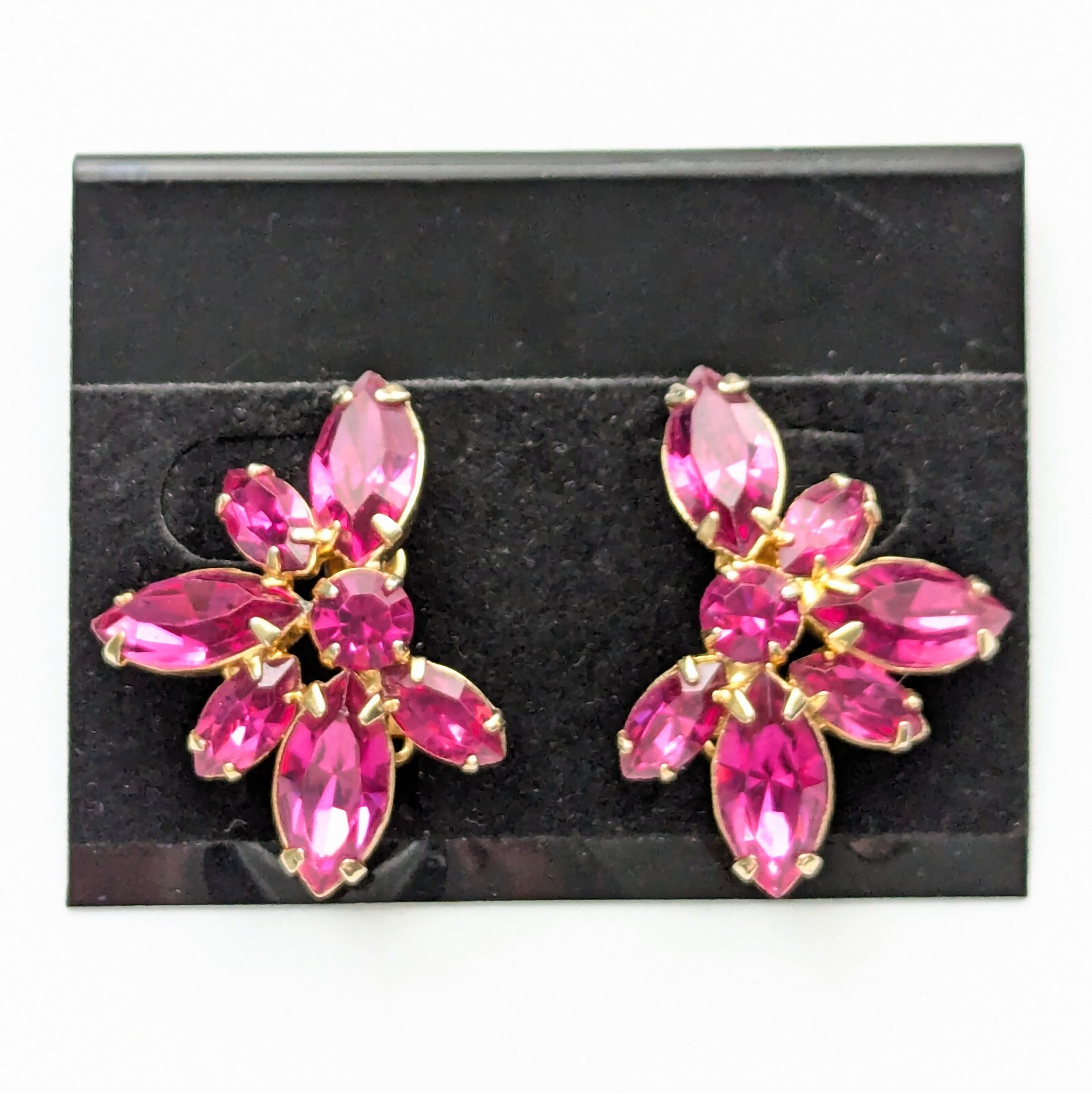 La Roco Hot Pink Clip On Rhinestone Earrings Mid Century Glam Jewelry