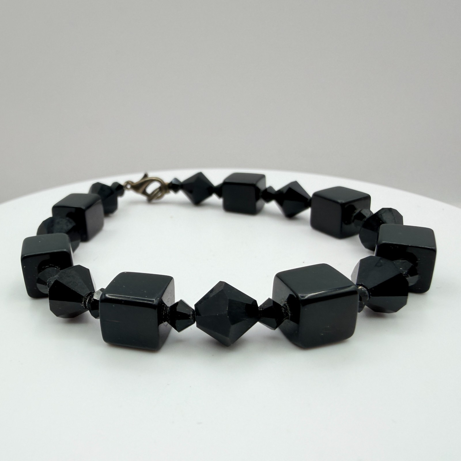 Vintage Black Beaded Bracelet Dangle Earrings Set Gunmetal Tone Geometric Goth