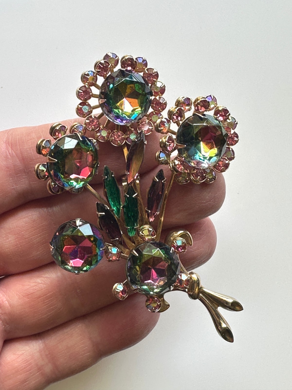 Vintage Large Watermelon AB Rhinestone Flower Bouquet Brooch Stunning Unsigned