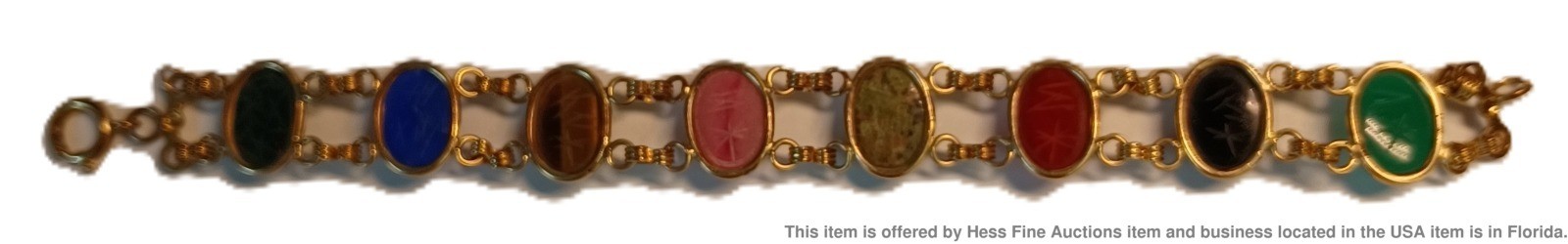 Vintage Carved Scarab Multi Gemstone Egyptian Revival Ladies Bracelet 7.25 In