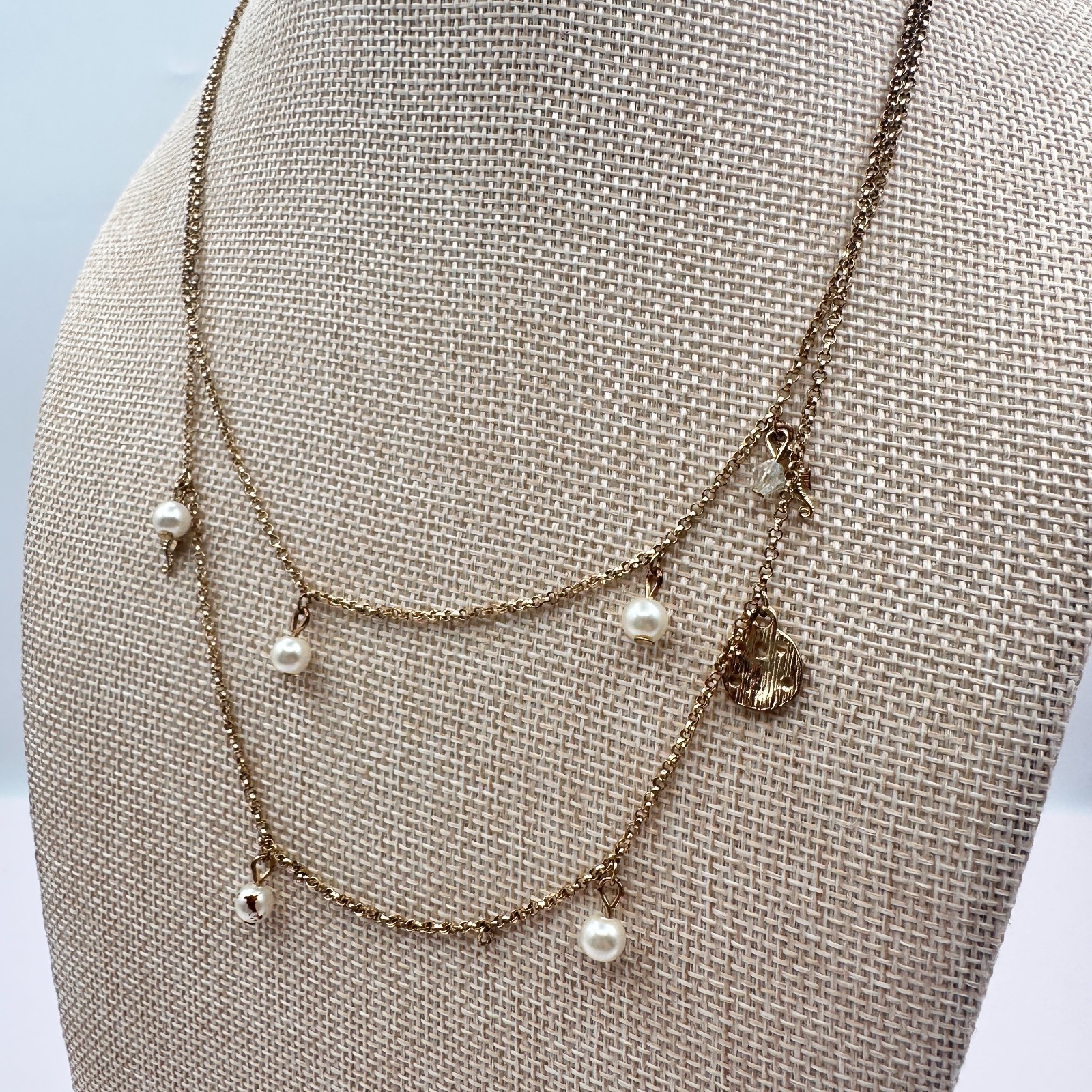 Vintage 90s Gold Tone Double Layer Chain Pearl Charm Station Necklace Jewelry