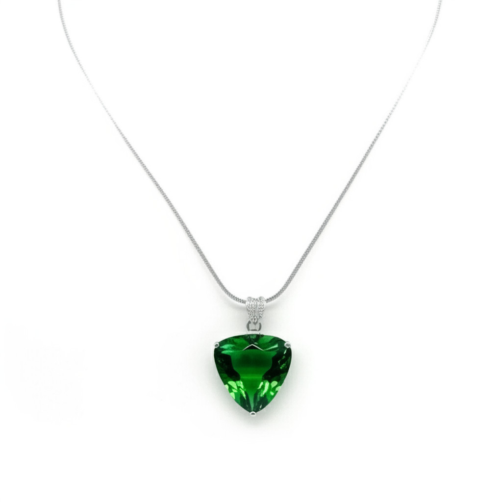 Handmade Green Emerald Trillion Pendant with Silver Chain