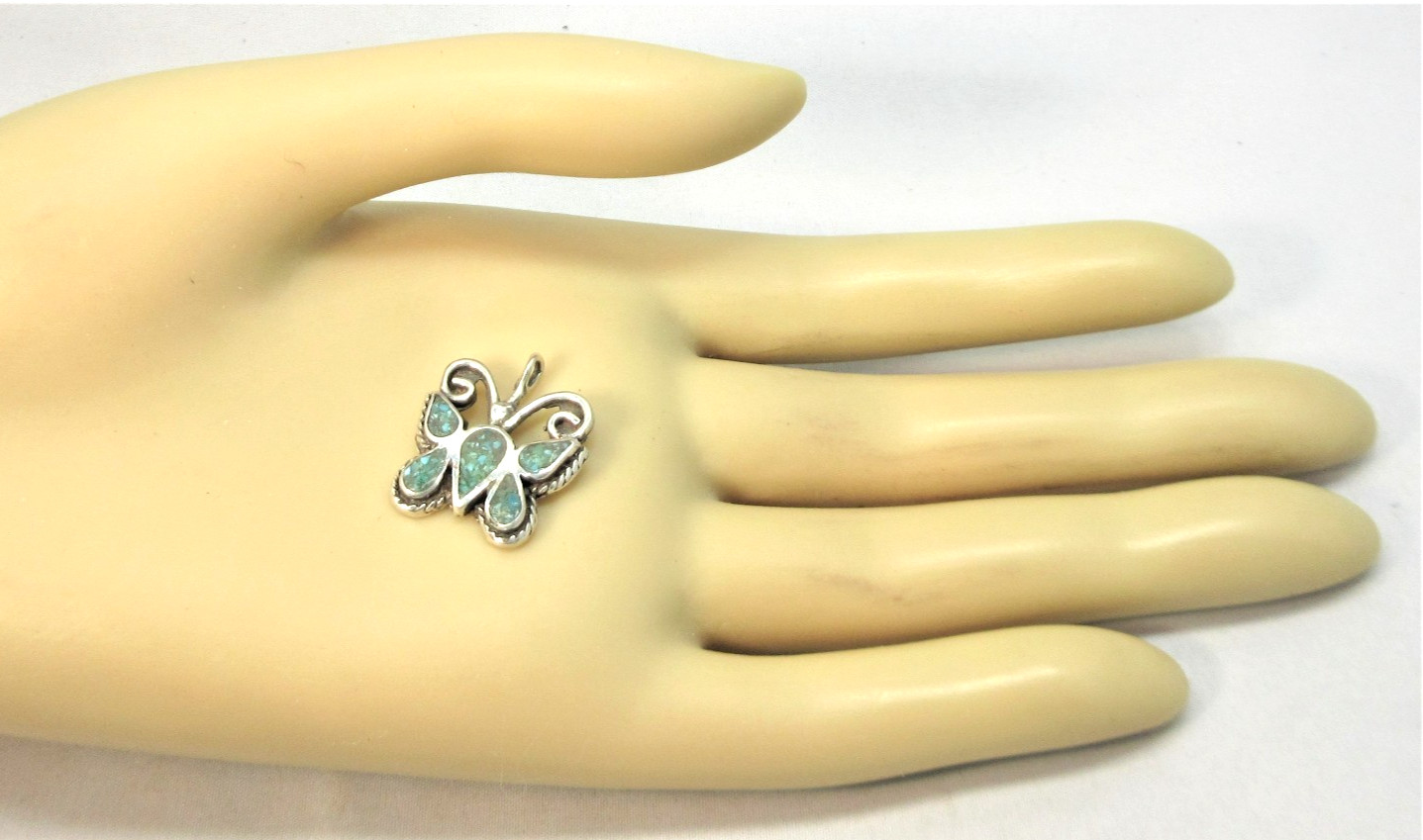 Vintage Sterling Silver Turquoise Chip Inlay Butterfly Necklace Pendant #7