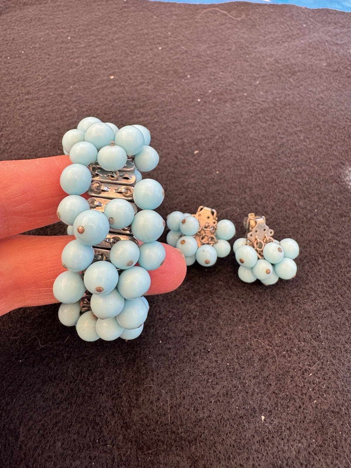 Vintage 1960s Cha-Cha Green Blue Expansion Bracelet And Clip-on Earrings Set