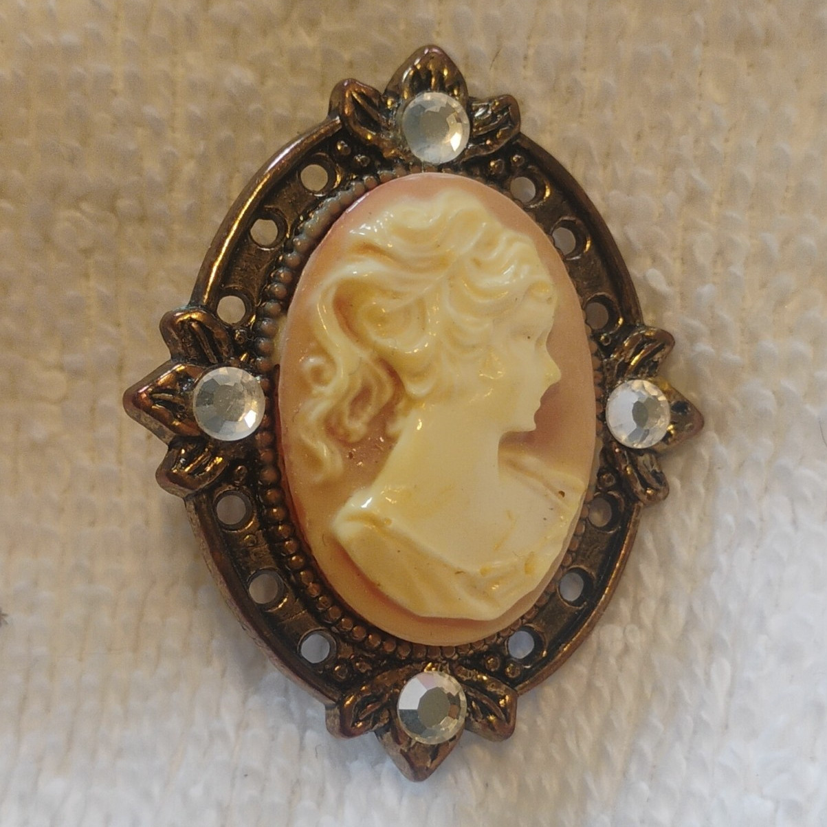 Oval Ivory Cameo Portrait Brooch Pin, Gold Tone with Rhinestone Accents