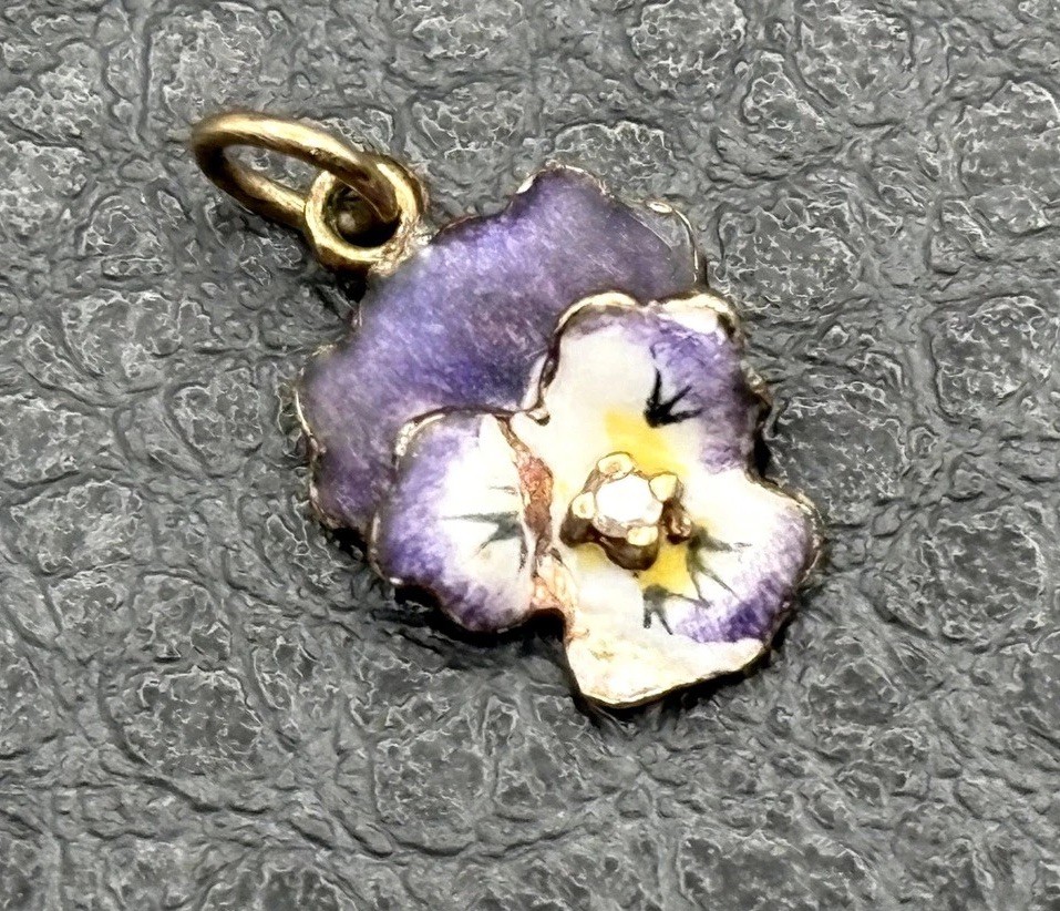 VTG 14K Gold Purple Enamel Pansy Violet Flower Diamond Antique Pendant Or Charm