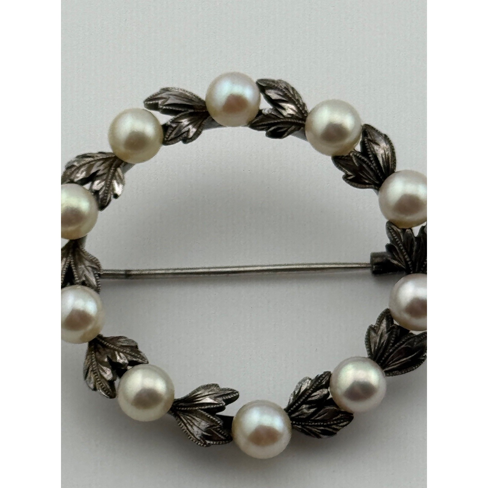 Vintage Mikimoto Wreath Brooch Sterling Silver Pearl Leaf Design Pin