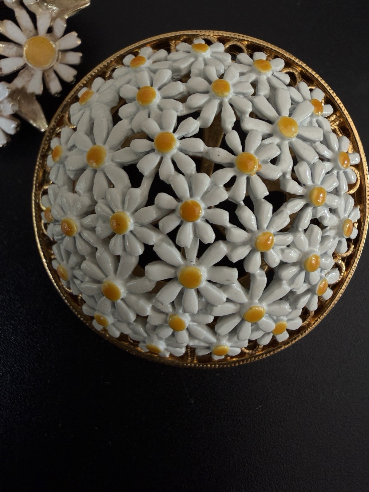 60s Lot 2 Daisy Brooch Mod White Enamel Flower Dome Pin Gold Vintage