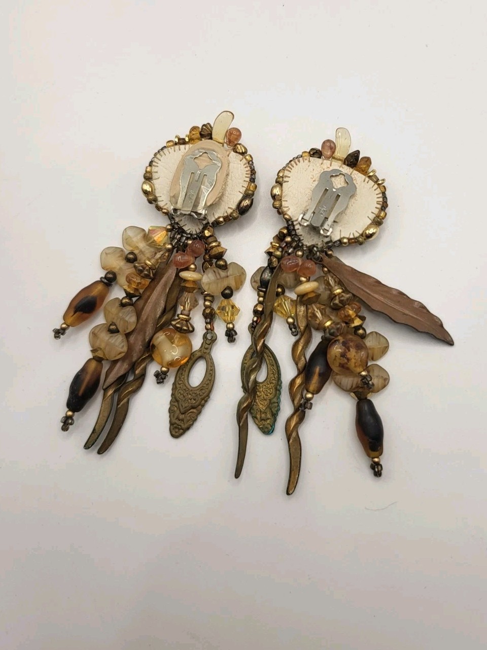Vintage 80s Signed CHIPITA Joan Eagle Boho Dangle Earrings Jasper Beaded Fringe