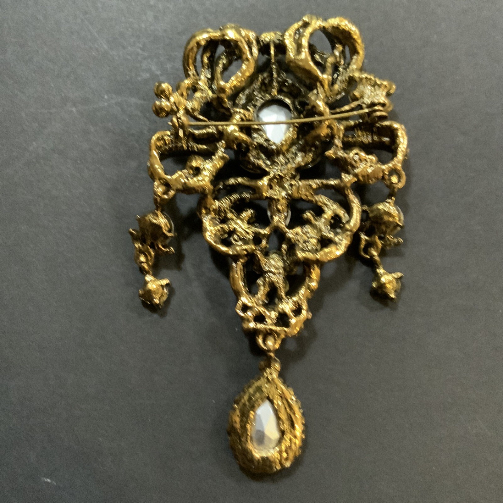 Vintage Rhinestone Brooch Pin or Pendent Dangle Antique Gold Tone 4 in Long