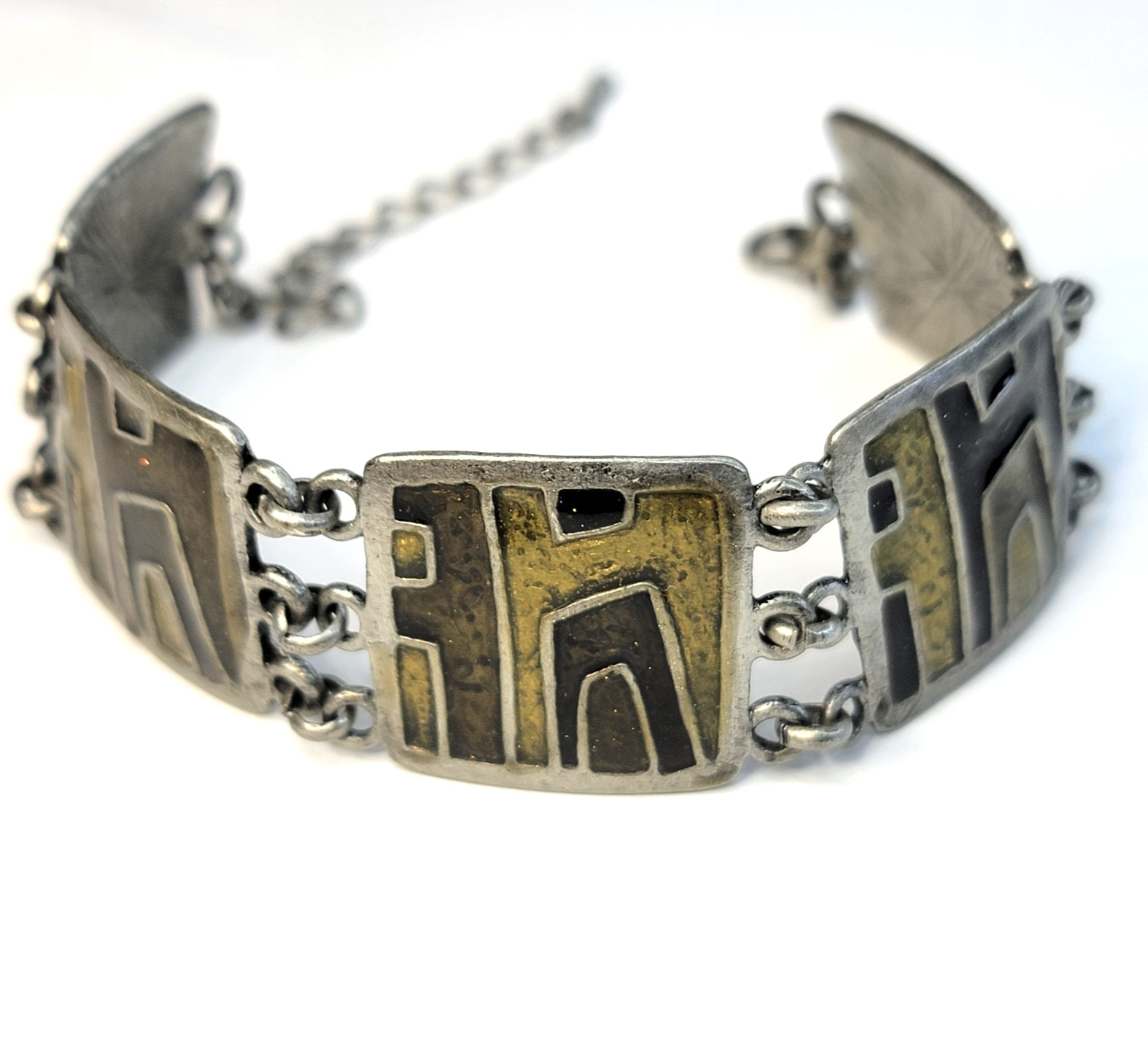 Vintage Modernist Silver Tone Link Y2K Bracelet Olivine Enamel Articulated Panel